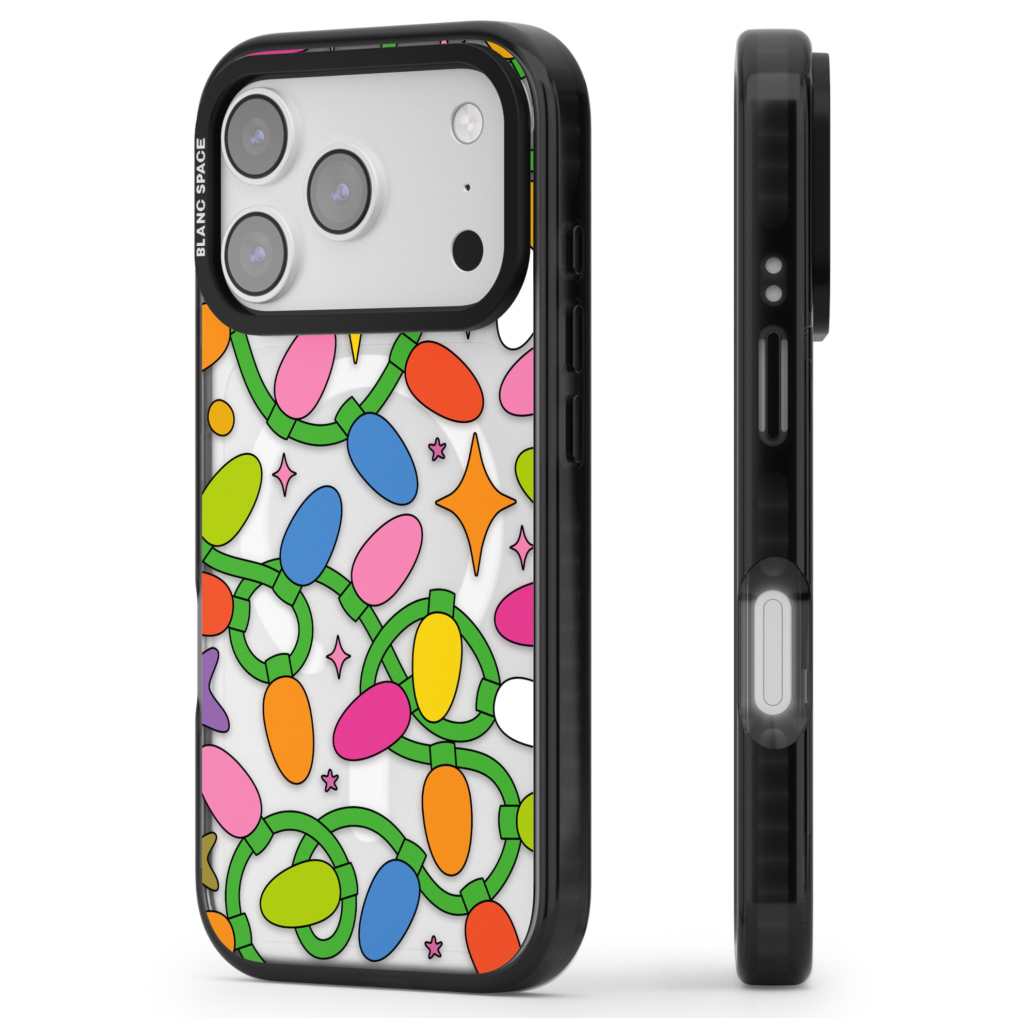 Festive Lights Pattern iPhone 17 Pro Impact Pro Black Phone Case Side Profile