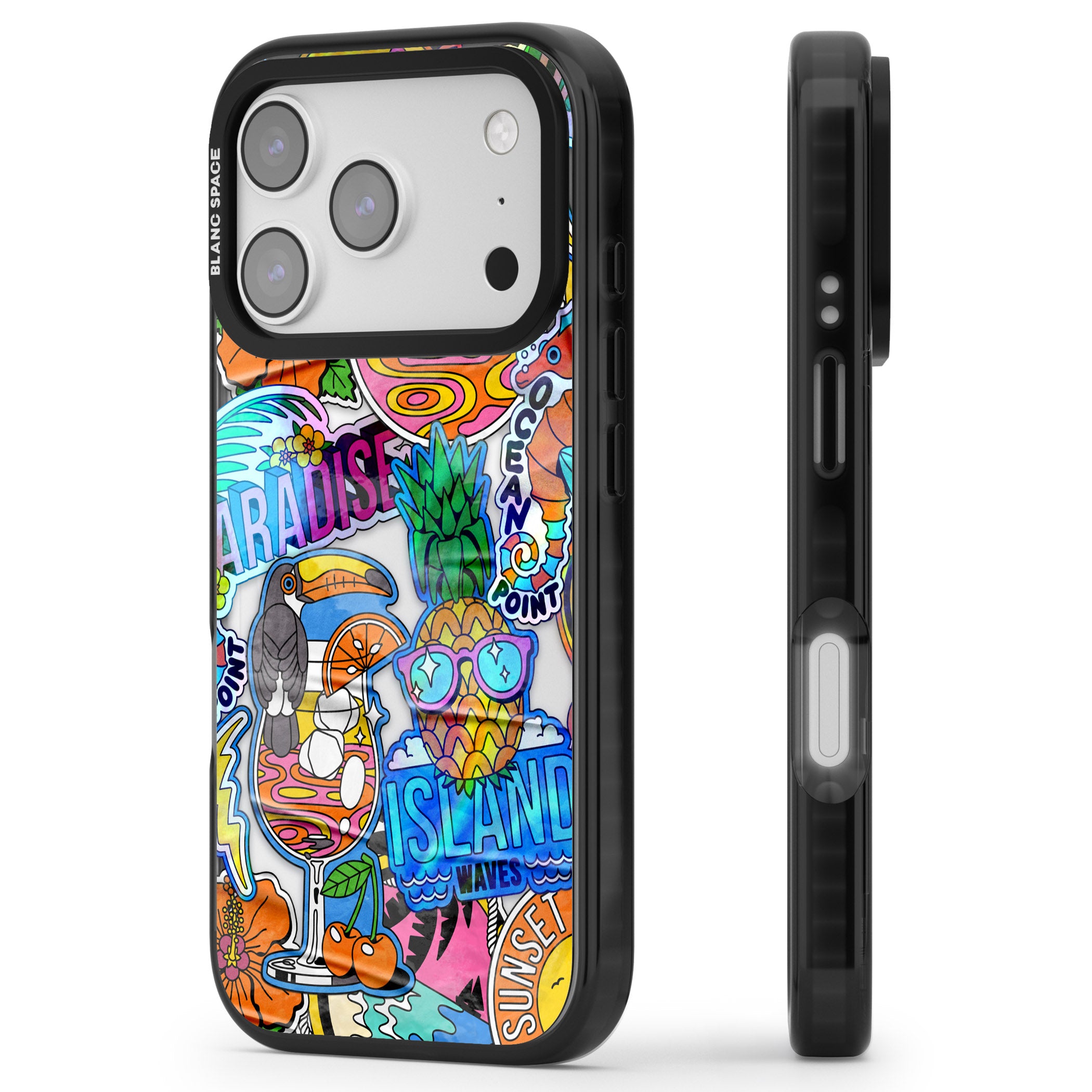 Tropical Vibes Collage iPhone 17 Pro Impact Pro Black Phone Case Side Profile