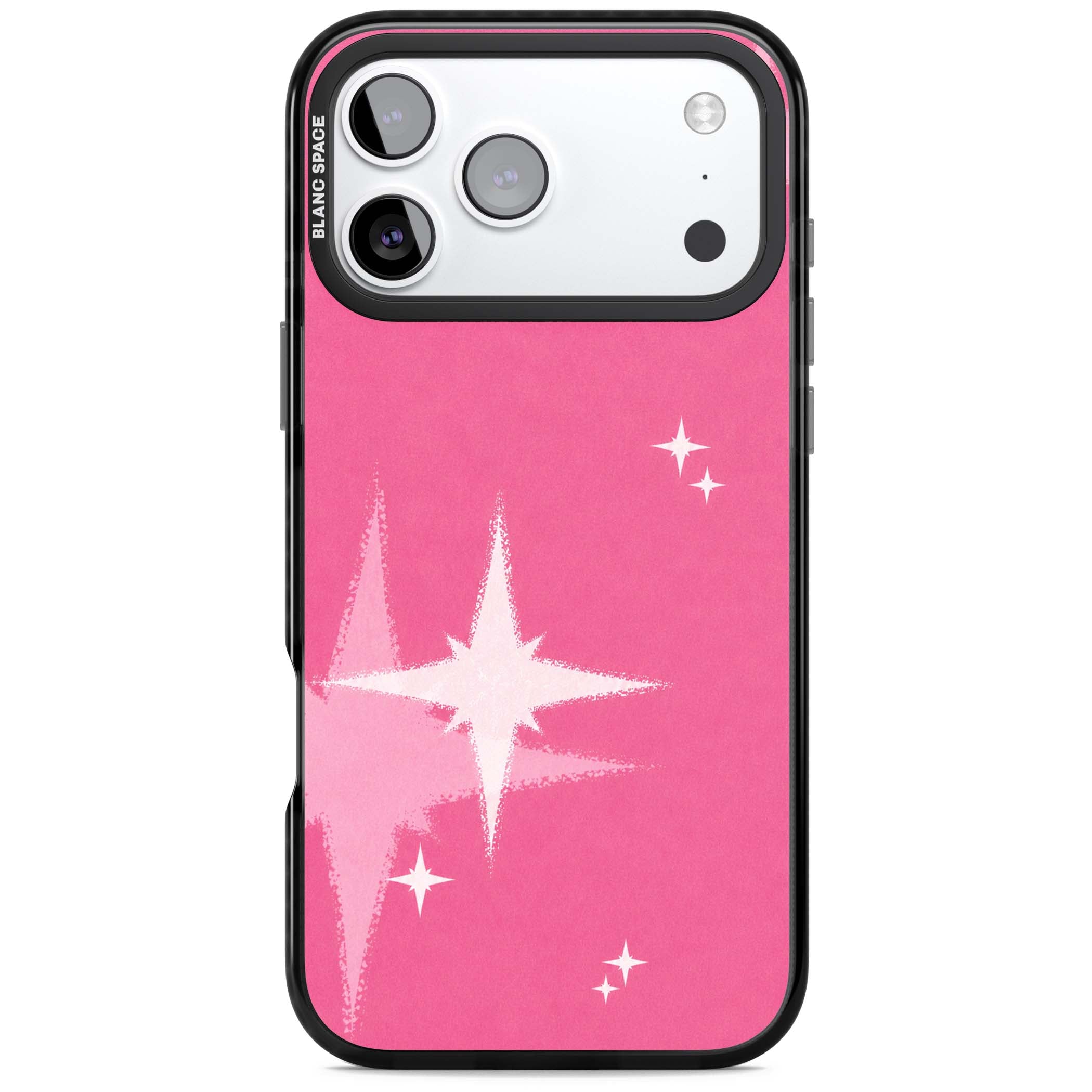 Pink Sparkle Y2K iPhone case featuring hot pink background with shimmering white starburst pattern | Black Impact Magsafe case for iPhone 17 Pro, iPhone 17 Pro Max