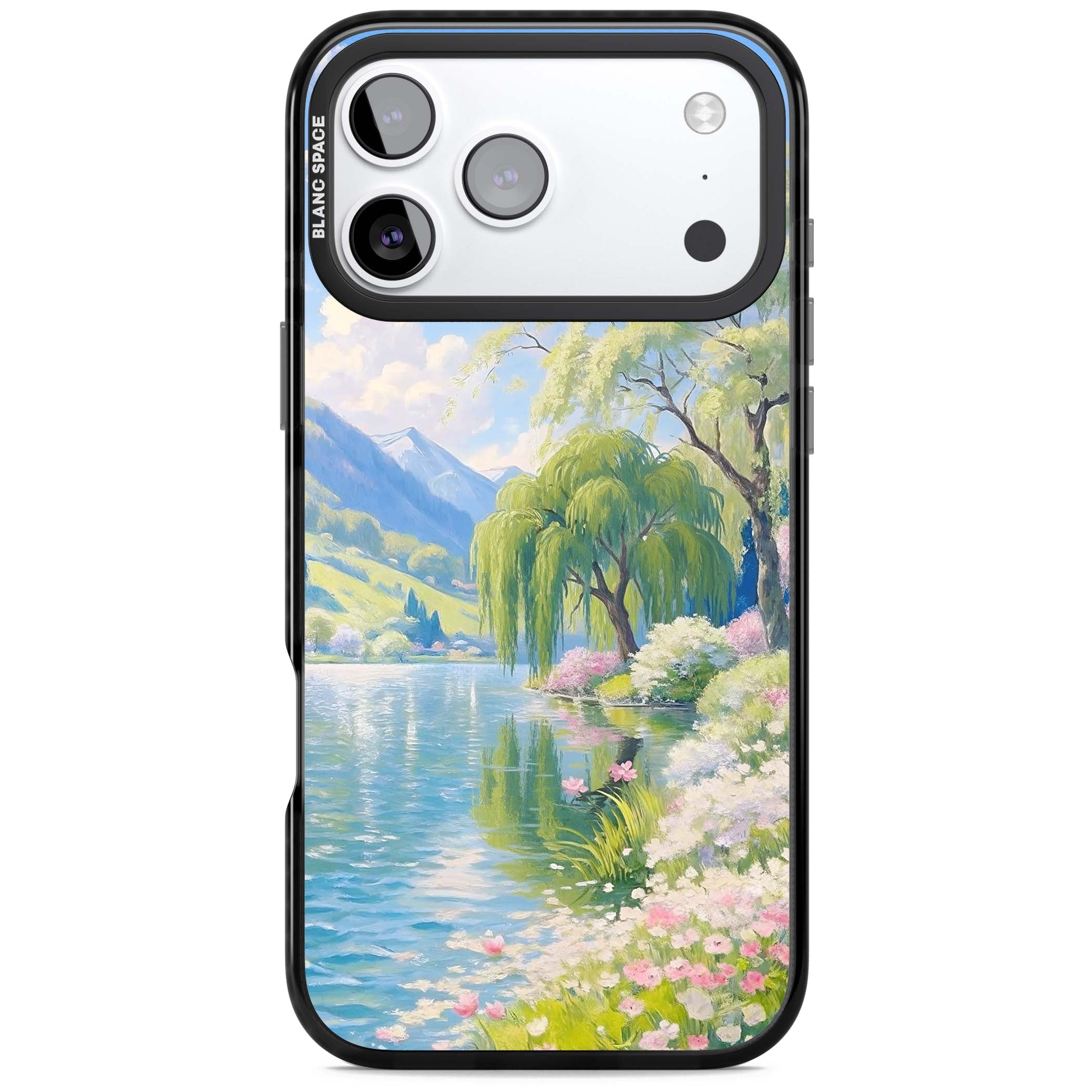 Willow Lake cottagecore iPhone case featuring a painted lakeside with weeping willow, blossoms and distant mountains | Black Impact Magsafe case for iPhone 17 Pro, iPhone 17 Pro Max