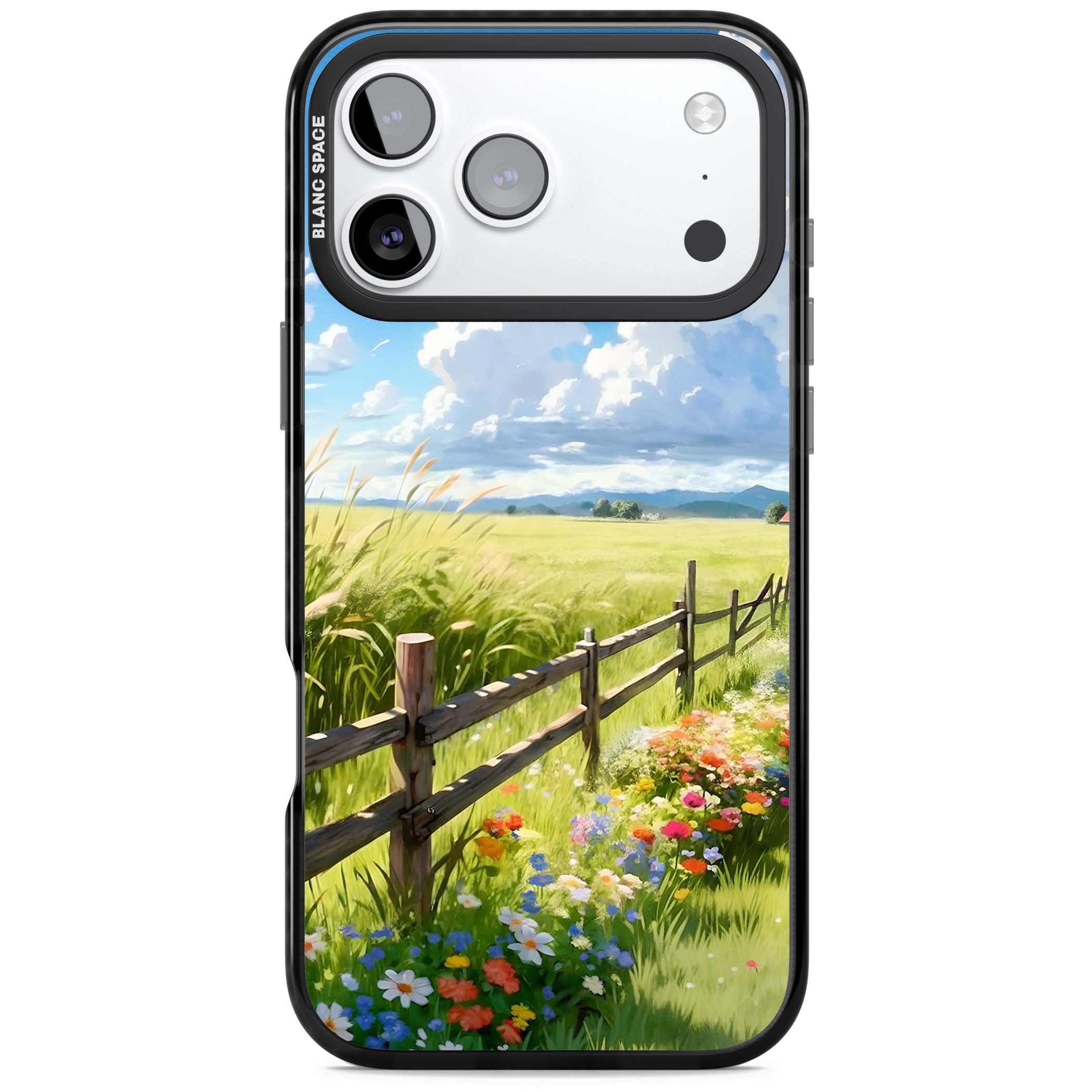 A Countryside Afternoon cottagecore iPhone case featuring a painted countryside meadow, wooden fence, and wildflowers beneath | Black Impact Magsafe case for iPhone 17 Pro, iPhone 17 Pro Max