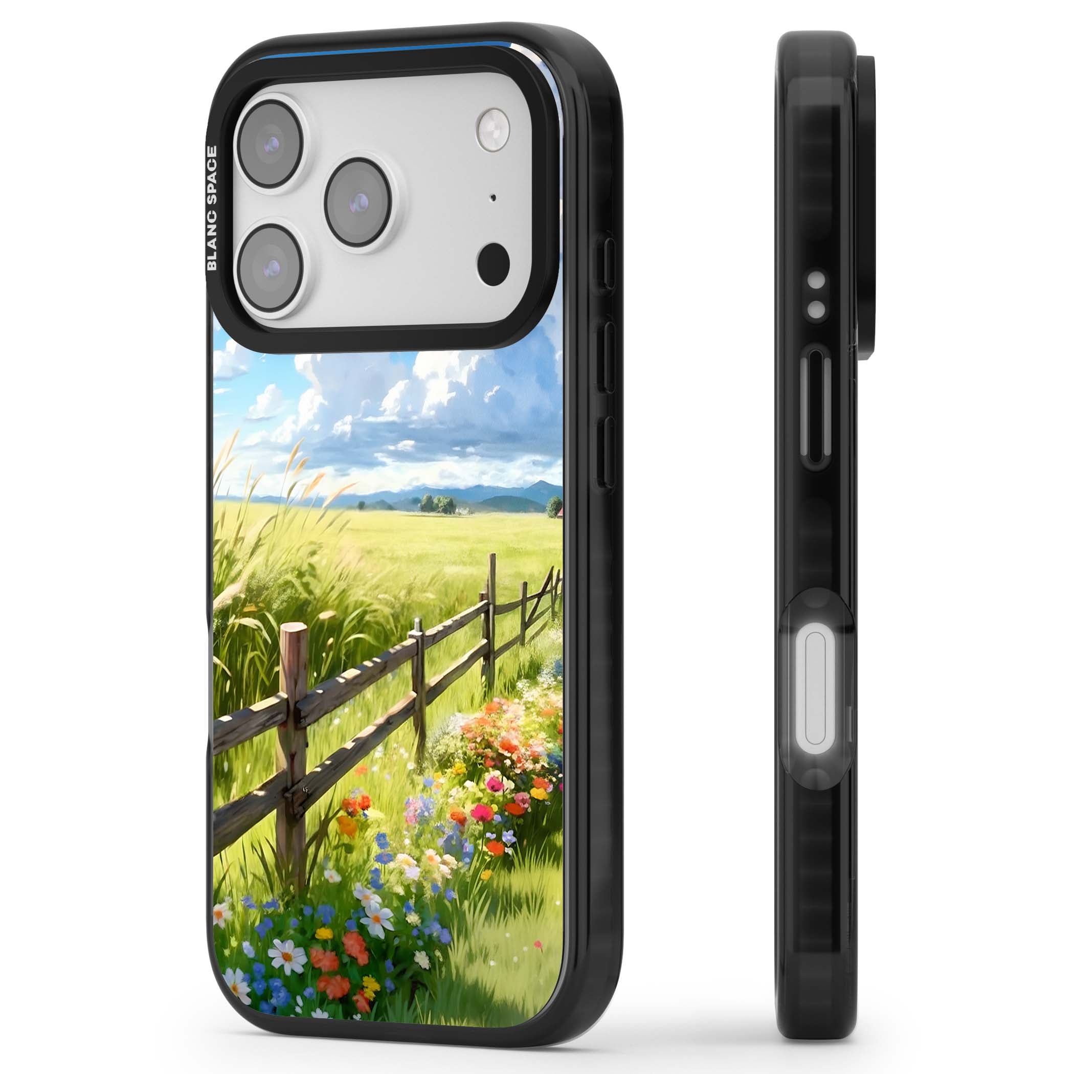 A Countryside Afternoon cottagecore iPhone case featuring a painted countryside meadow, wooden fence, and wildflowers beneath | Black Impact Magsafe case for iPhone 17 Pro, iPhone 17 Pro Max
