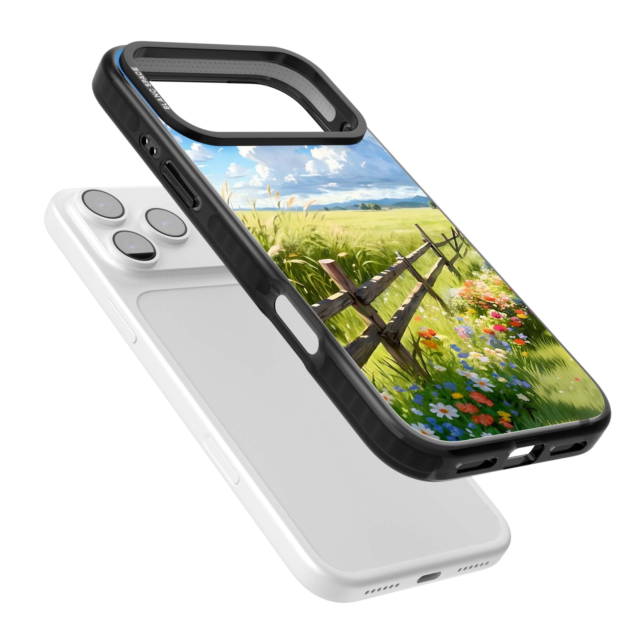 A Countryside Afternoon cottagecore iPhone case featuring a painted countryside meadow, wooden fence, and wildflowers beneath | Black Impact Magsafe case for iPhone 17 Pro, iPhone 17 Pro Max