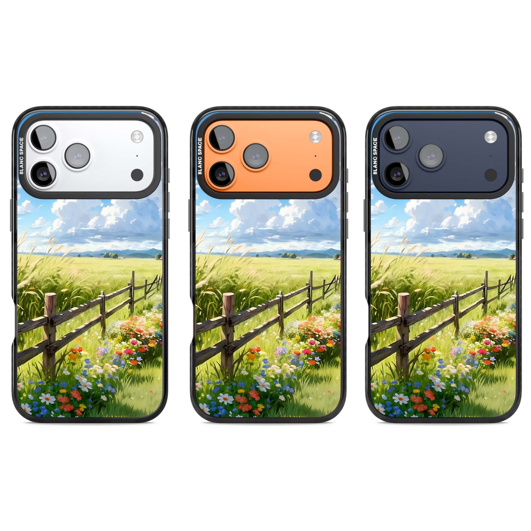 A Countryside Afternoon cottagecore iPhone case featuring a painted countryside meadow, wooden fence, and wildflowers beneath | Black Impact Magsafe case for iPhone 17 Pro, iPhone 17 Pro Max