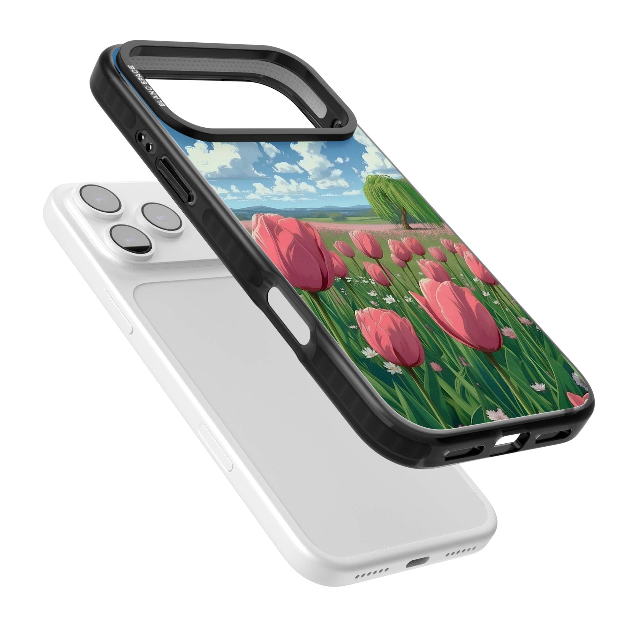 Willow By The Pink Tulips floral iPhone case | Black Impact Magsafe case for iPhone 17 Pro, iPhone 17 Pro Max