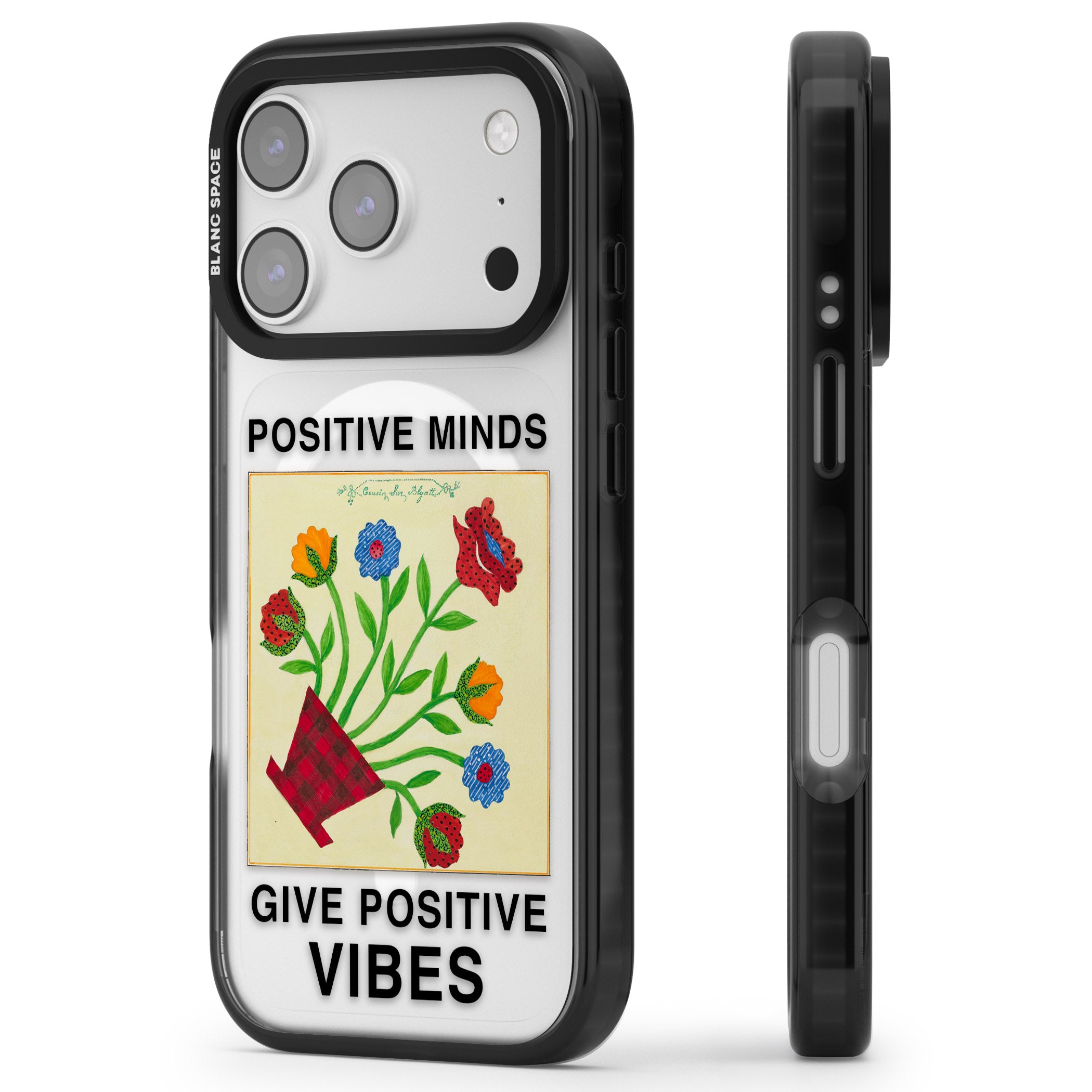 Positive Minds Give Positive Vibes iPhone 17 Pro Impact Pro Black Phone Case Side Profile