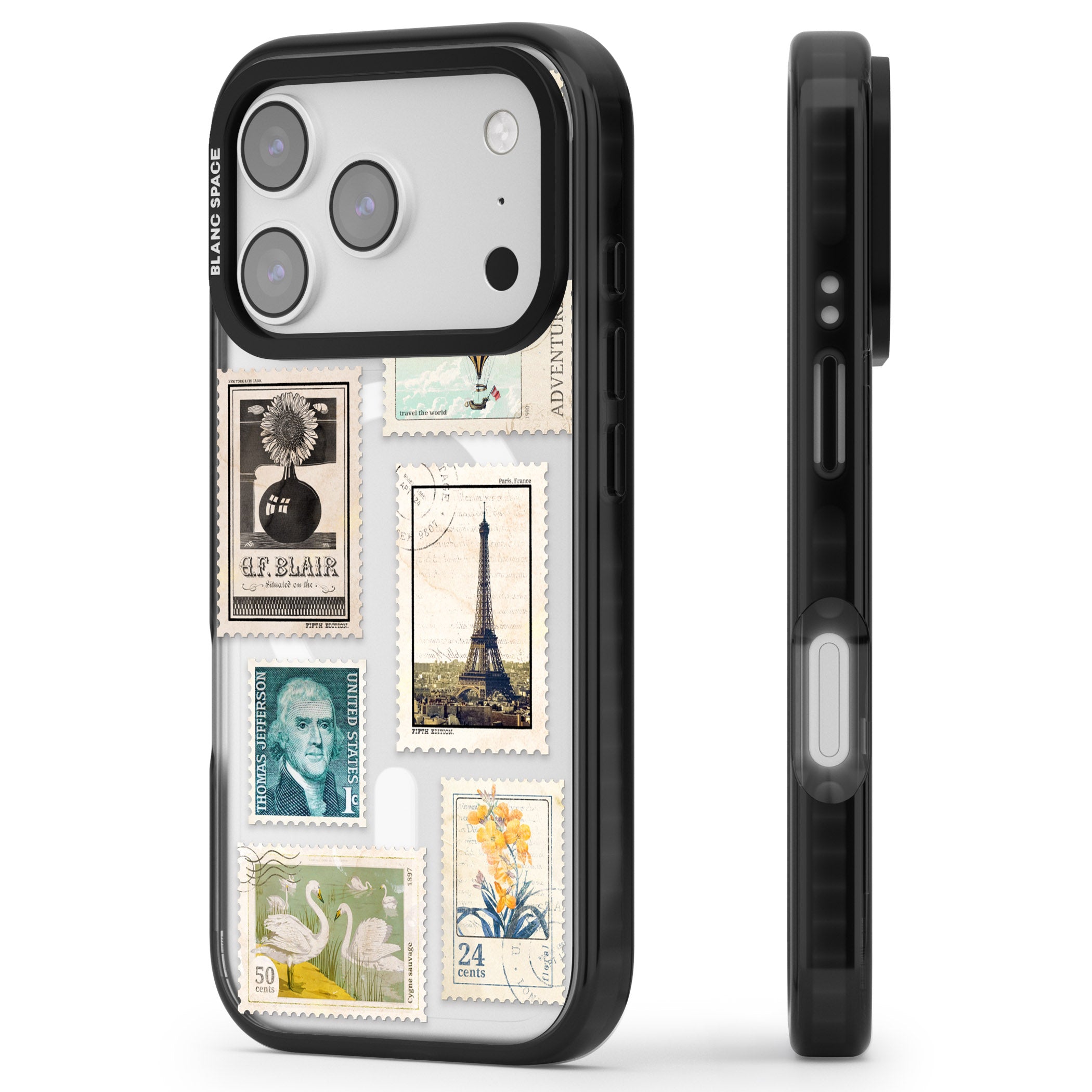 Vintage Stamps iPhone 17 Pro Impact Pro Black Phone Case Side Profile