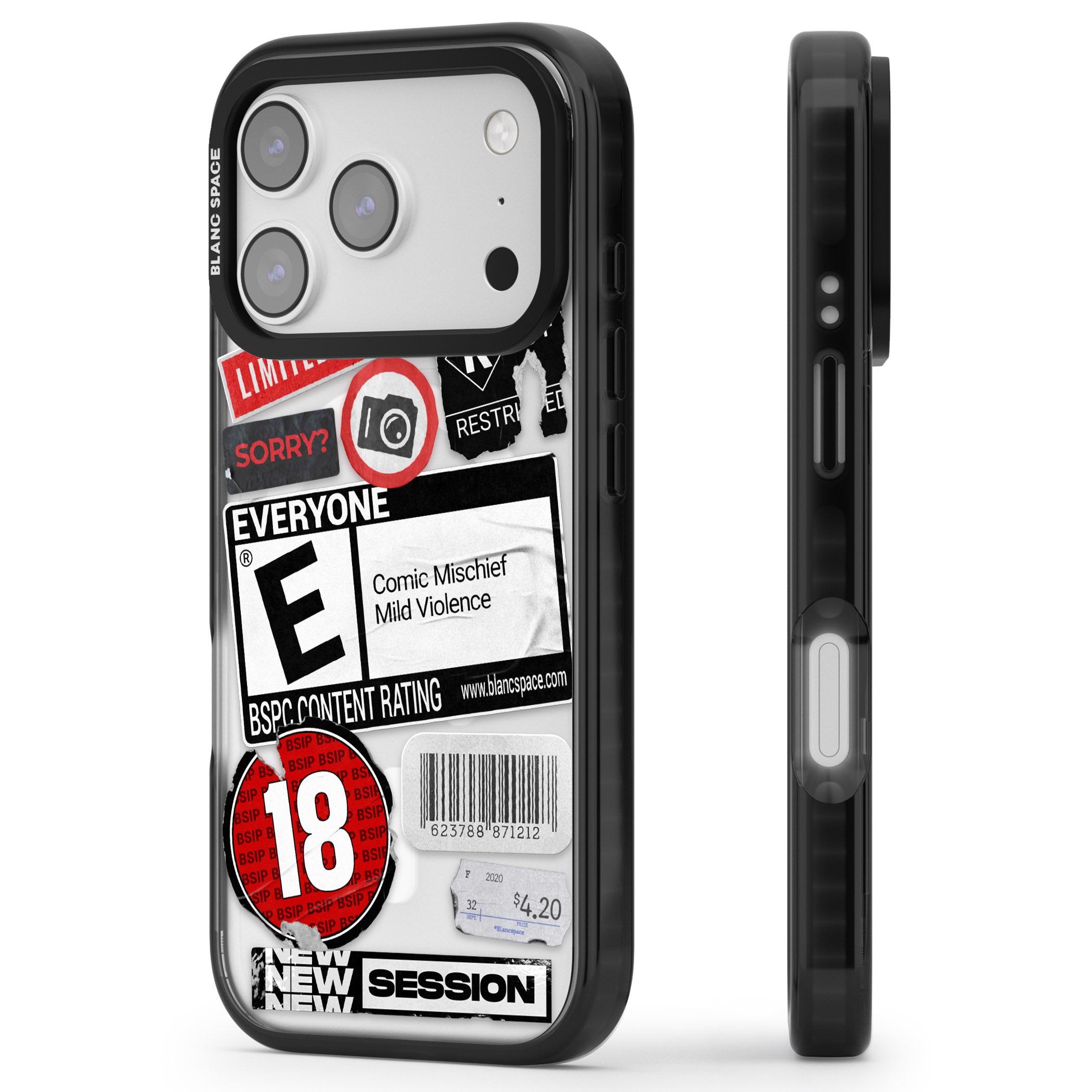 Rated 18+ Sticker Mix iPhone 17 Pro Impact Pro Black Phone Case Side Profile