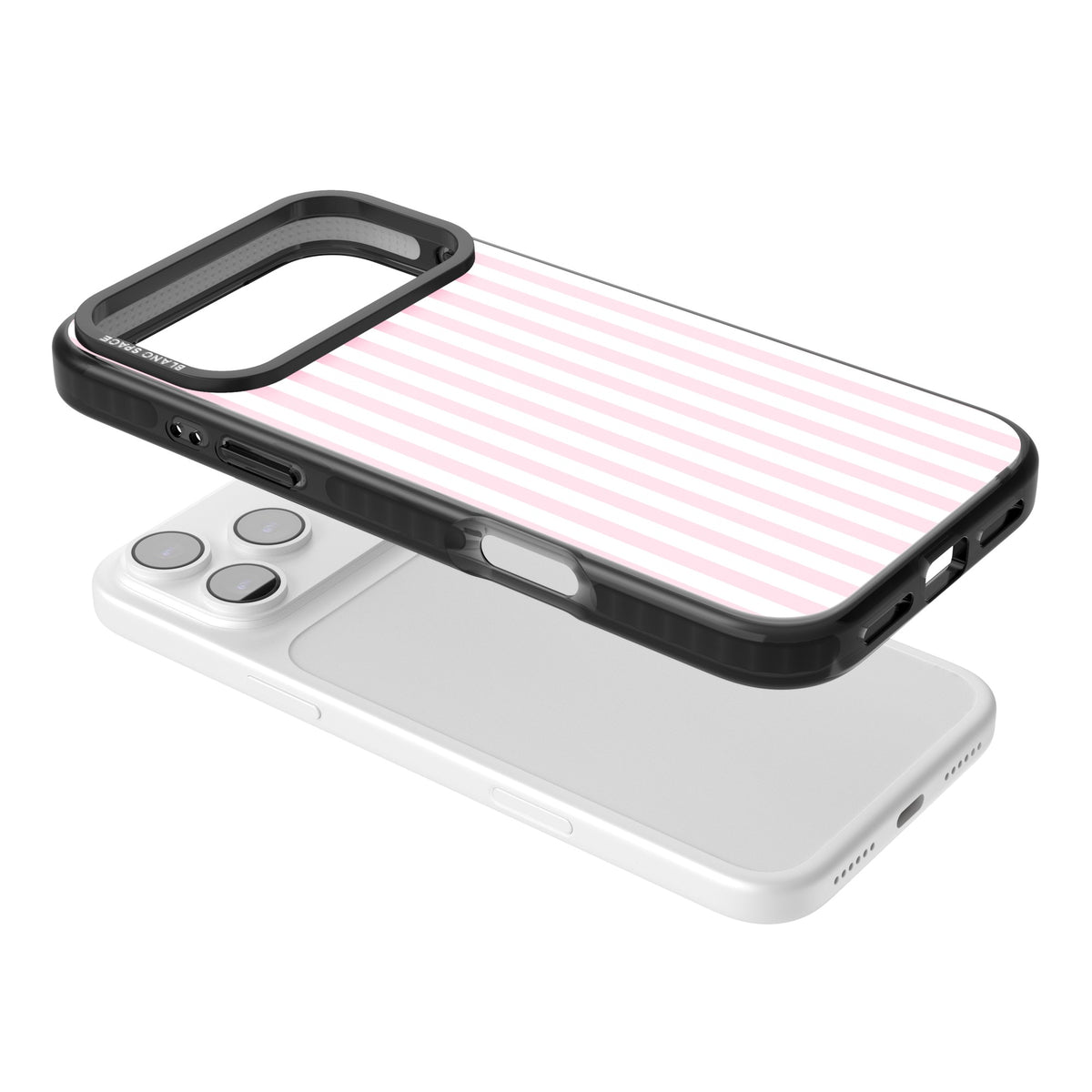 Pink Stripe preppy iPhone case featuring soft pastel pink and white vertical candy stripes iPhone 17 Pro Max Impact Pro Black Phone Case angled