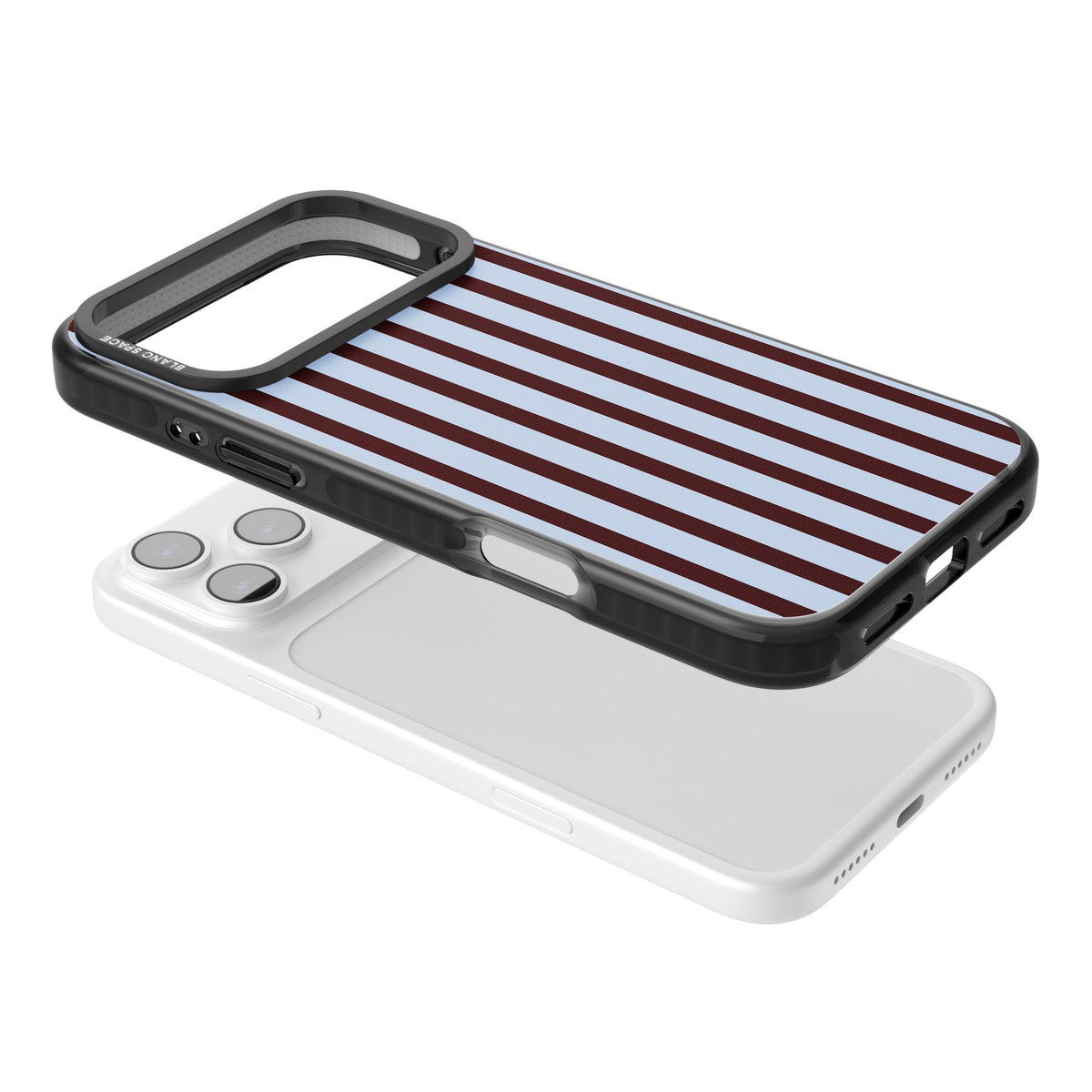 Blackcurrant Stripe preppy iPhone case featuring vertical burgundy and light blue stripes in a classic pinstripe layout iPhone 17 Pro Max Impact Pro Black Phone Case angled