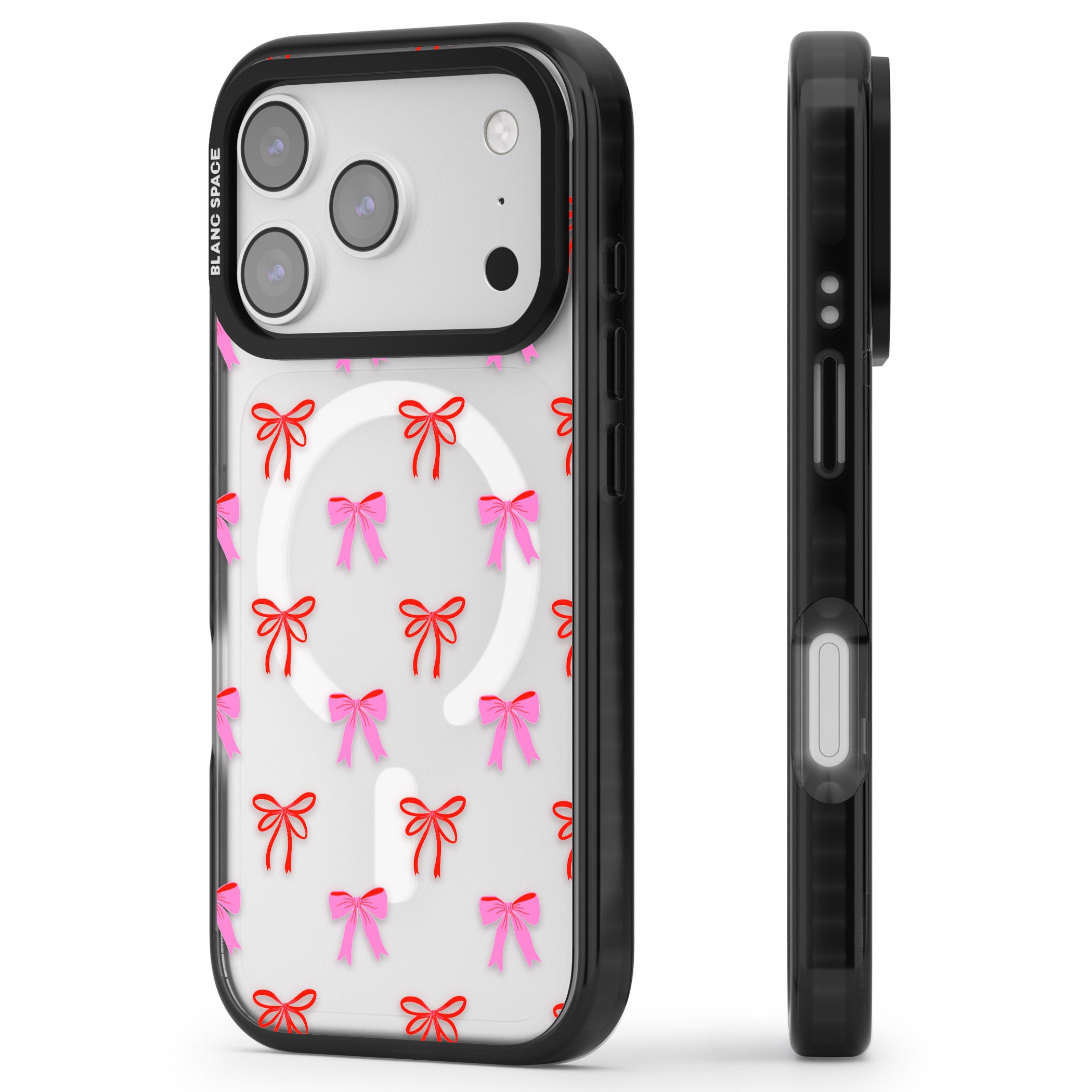 Cute Bow Pattern iPhone 17 Pro Impact Pro Black Phone Case Side Profile