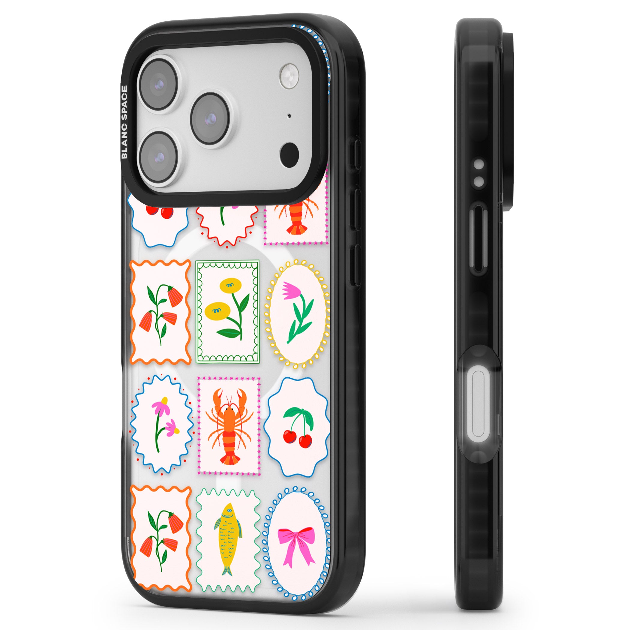 Floral Seafood Stamps iPhone 17 Pro Impact Pro Black Phone Case Side Profile