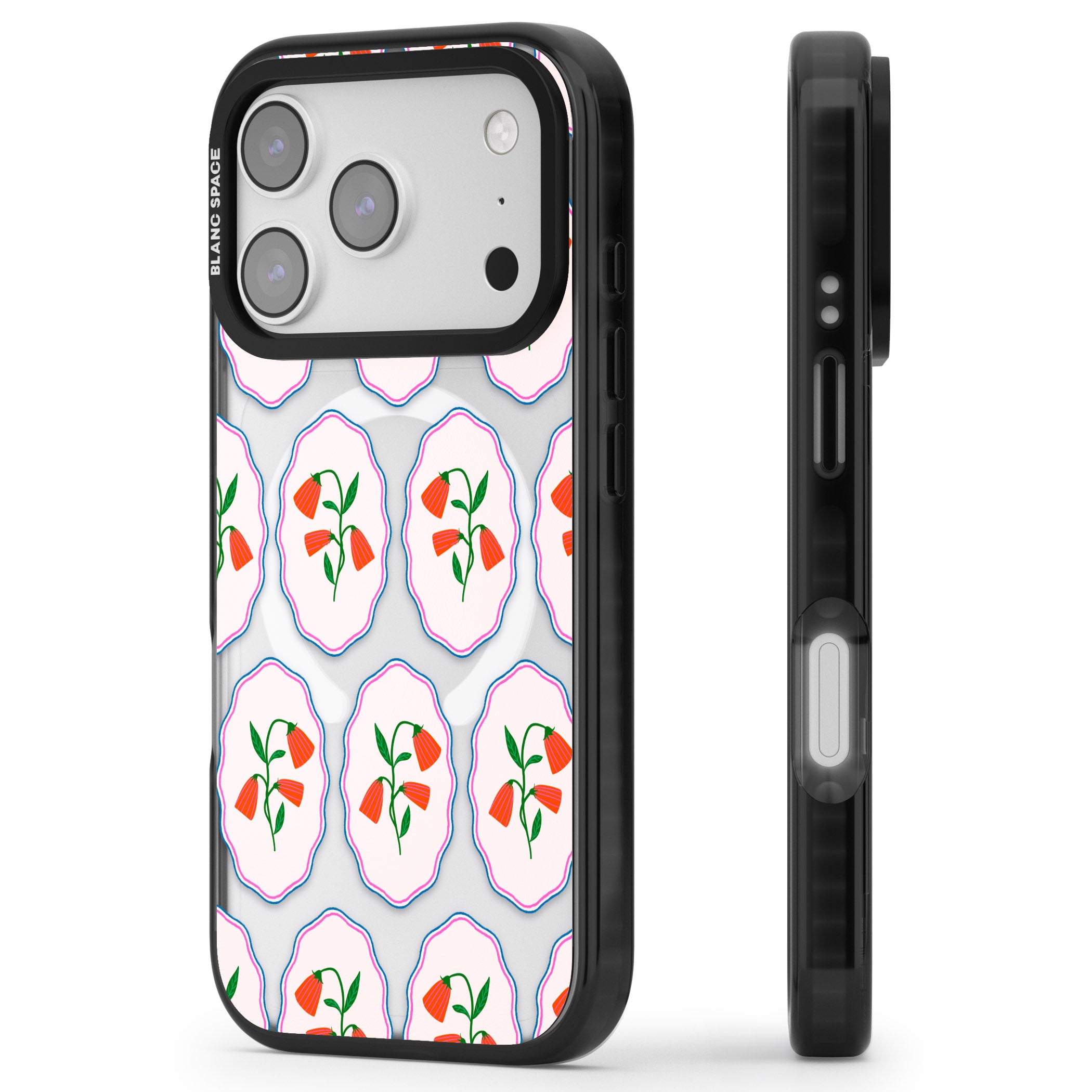 Rose Stamps iPhone 17 Pro Impact Pro Black Phone Case Side Profile