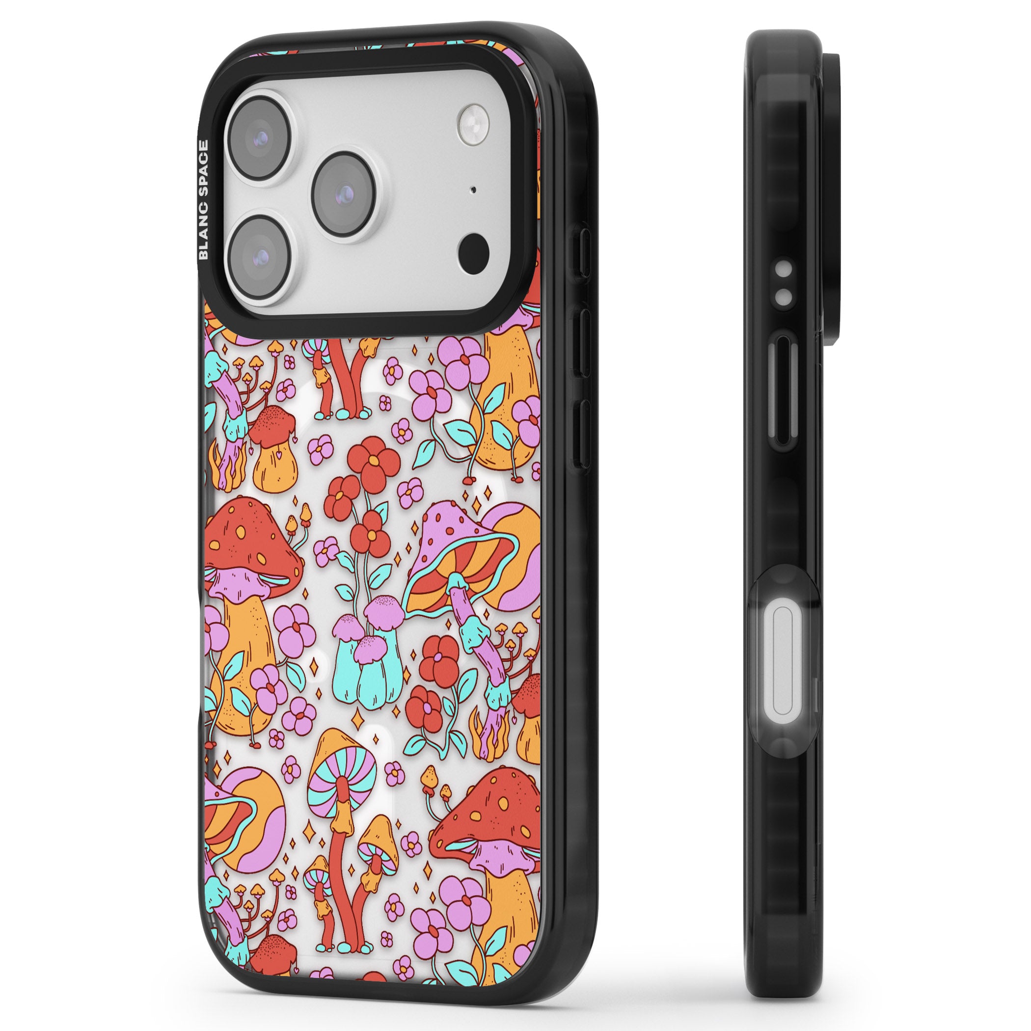 Psychedelic Flowers & Mushrooms iPhone 17 Pro Impact Pro Black Phone Case Side Profile