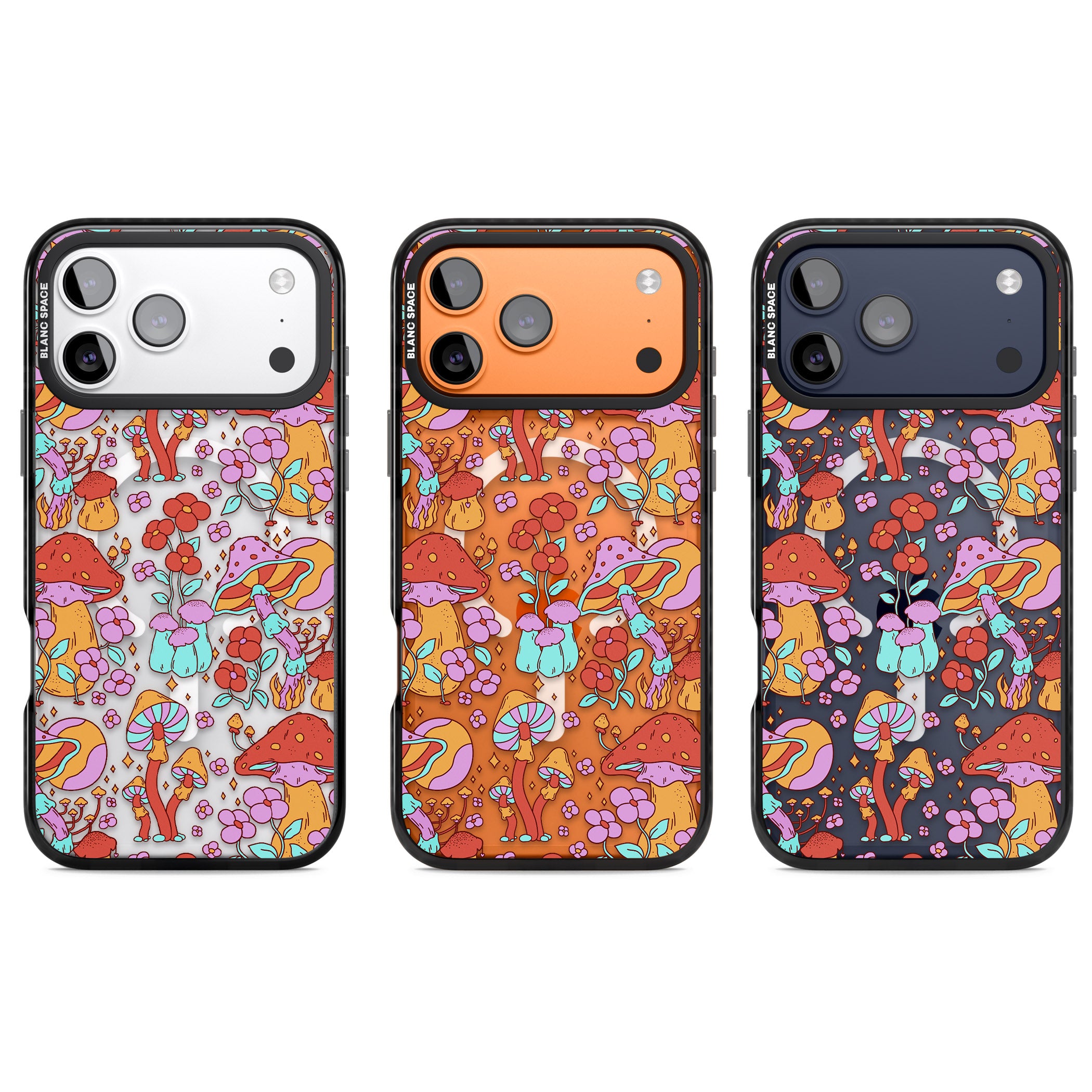 Psychedelic Flowers & Mushrooms iPhone 17 Pro Impact Pro Black Phone Case APT Impact Protection
