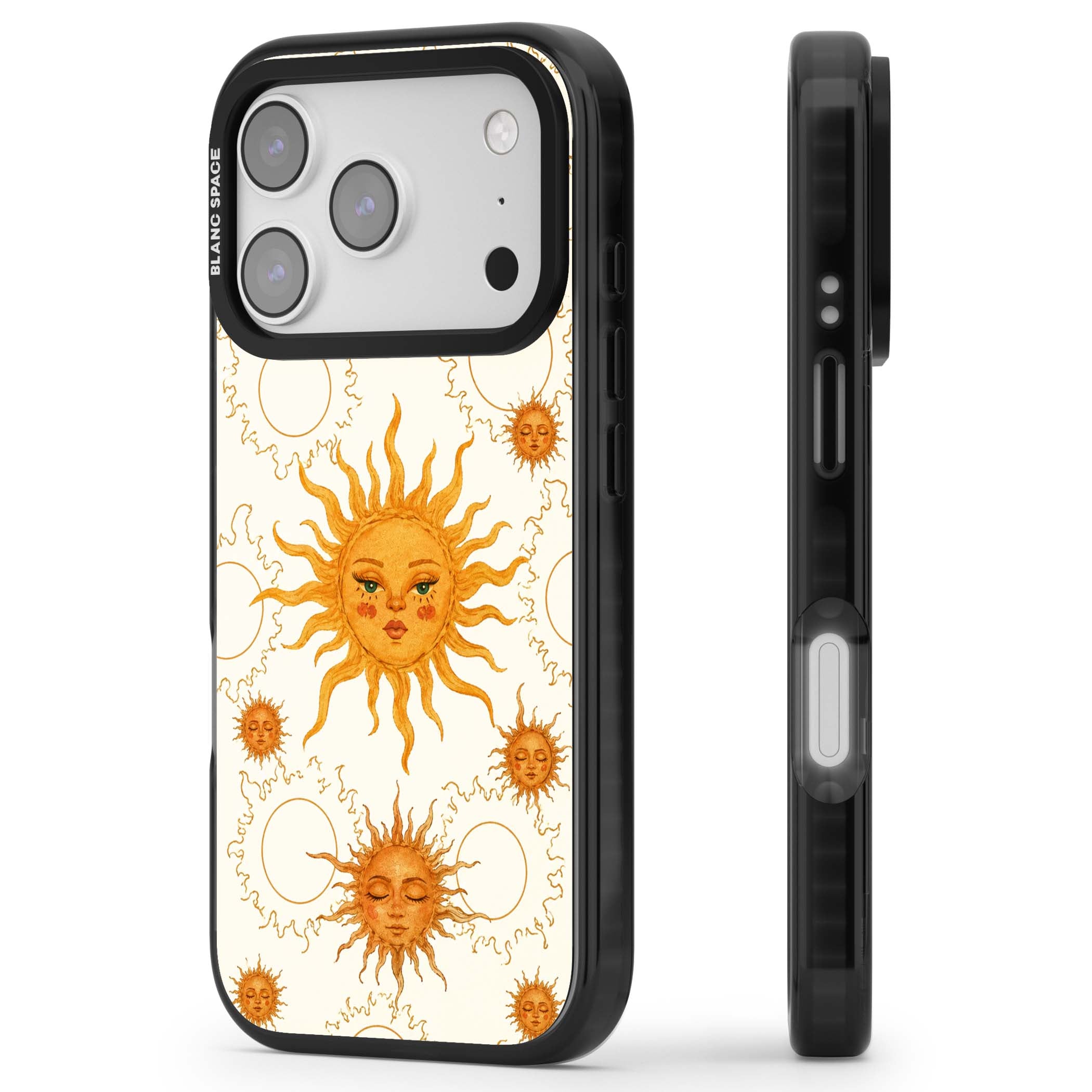 Solstice Muse celestial iPhone case featuring hand-painted golden sun faces, closed-eye sun goddesses and outlined moons... | Black Impact Magsafe case for iPhone 17 Pro, iPhone 17 Pro Max
