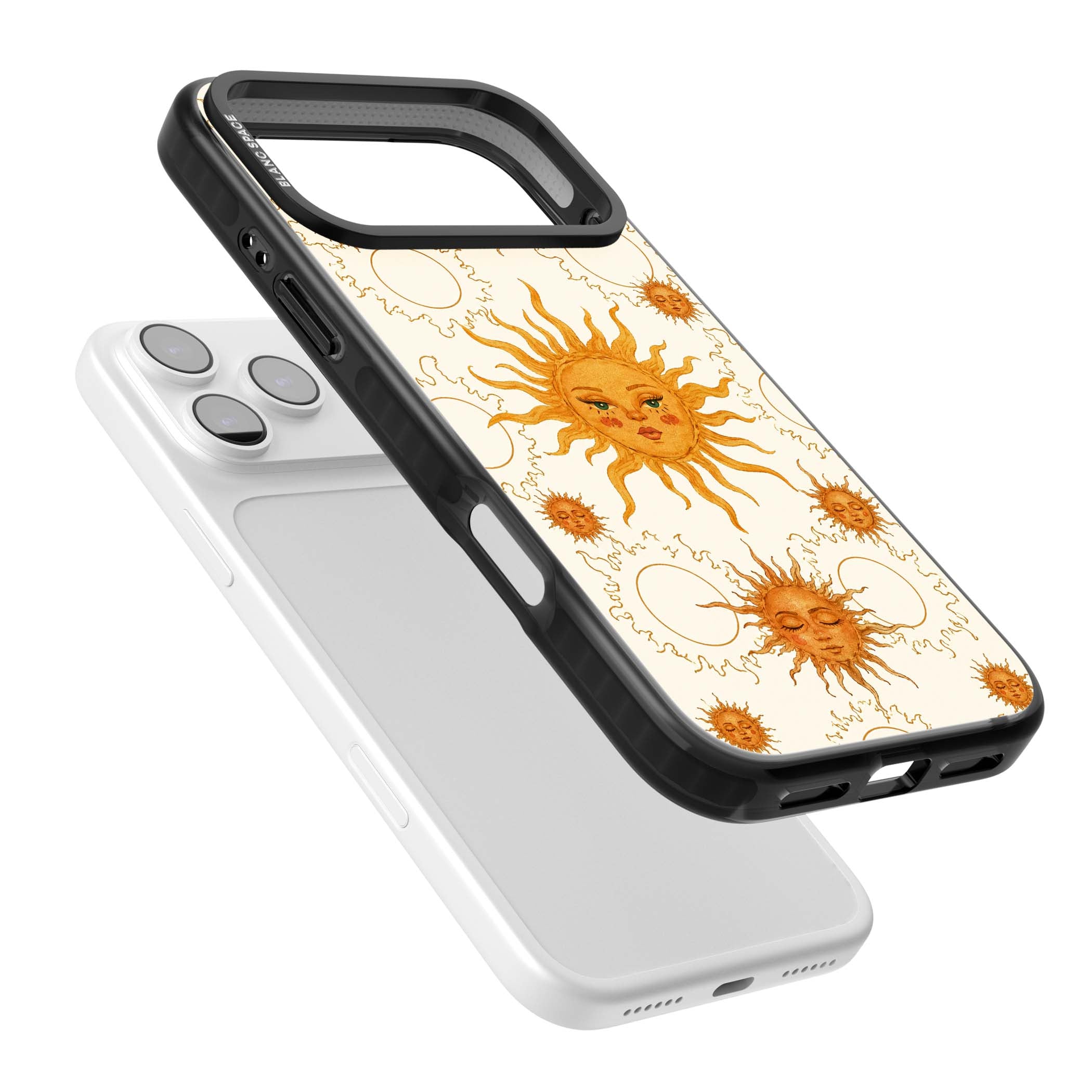 Solstice Muse celestial iPhone case featuring hand-painted golden sun faces, closed-eye sun goddesses and outlined moons... | Black Impact Magsafe case for iPhone 17 Pro, iPhone 17 Pro Max