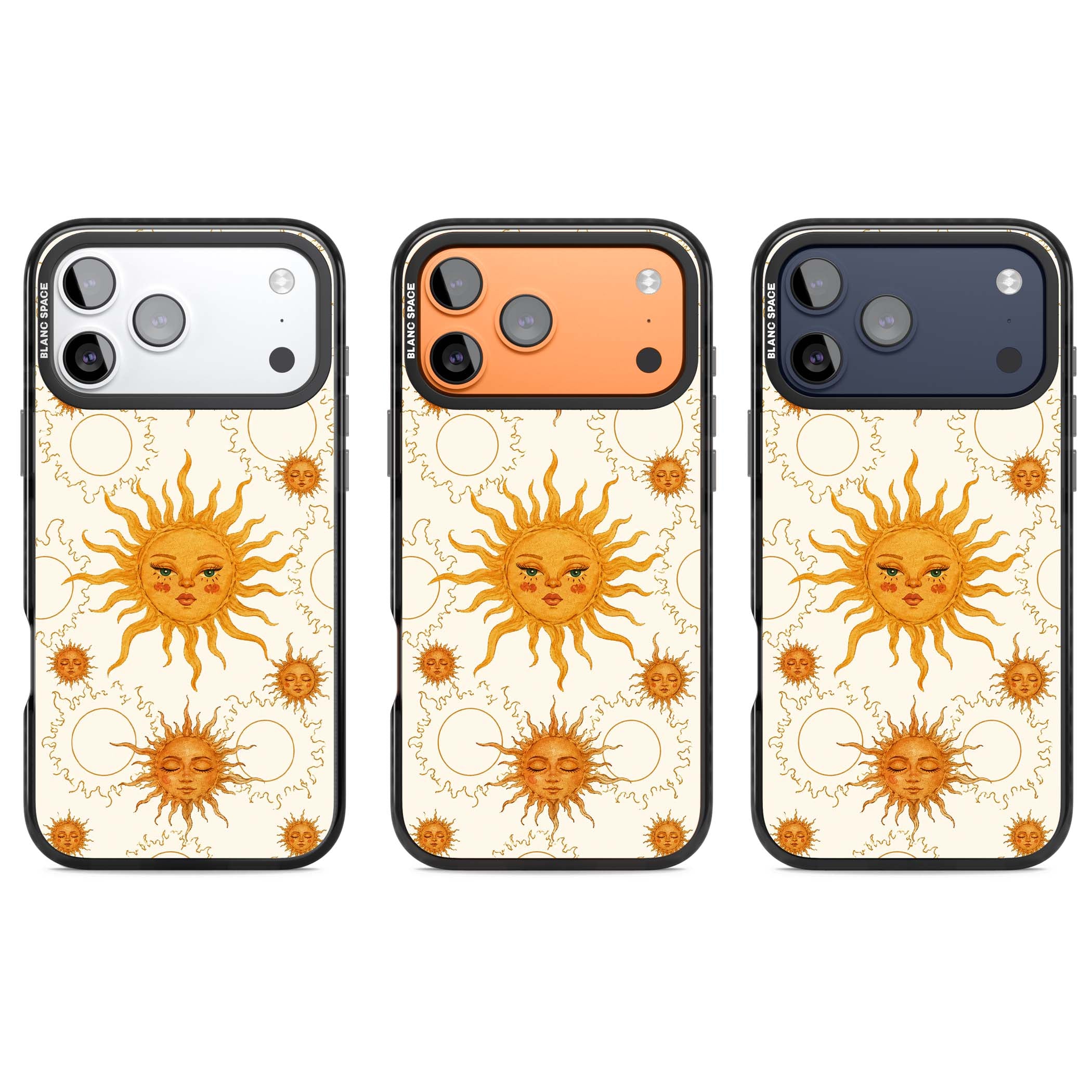 Solstice Muse celestial iPhone case featuring hand-painted golden sun faces, closed-eye sun goddesses and outlined moons... | Black Impact Magsafe case for iPhone 17 Pro, iPhone 17 Pro Max