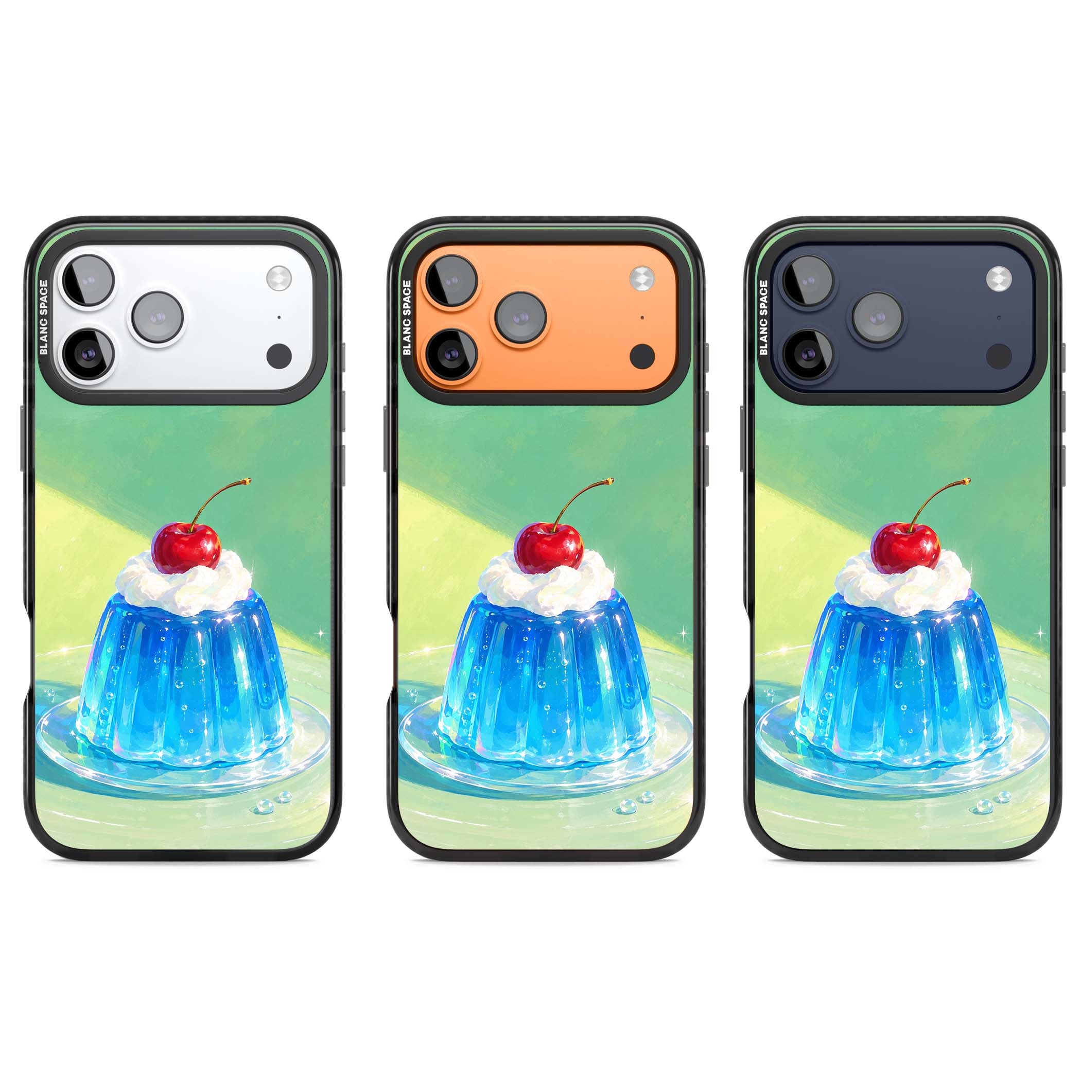 Cherry Jelly kawaii dessert iPhone case featuring blue jelly pudding, whipped cream and a red cherry | Black Impact Magsafe case for iPhone 17 Pro, iPhone 17 Pro Max