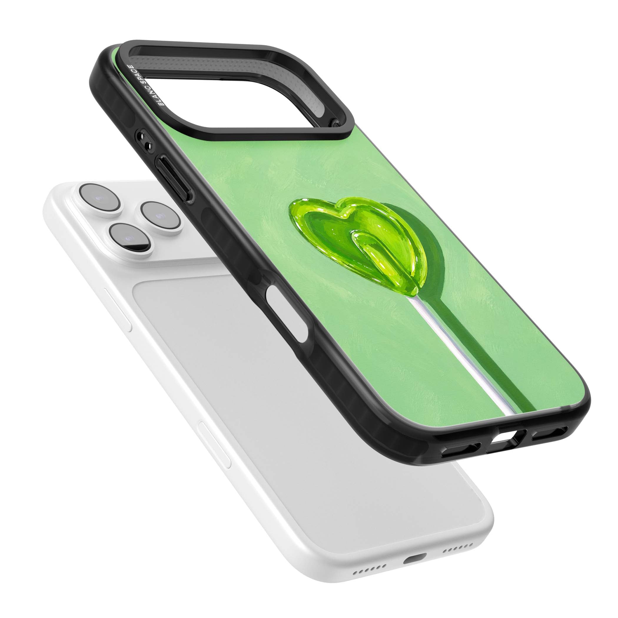 Green Lollipop candy art iPhone case featuring a glossy green heart-shaped lollipop on a painted pastel green background | Black Impact Magsafe case for iPhone 17 Pro, iPhone 17 Pro Max