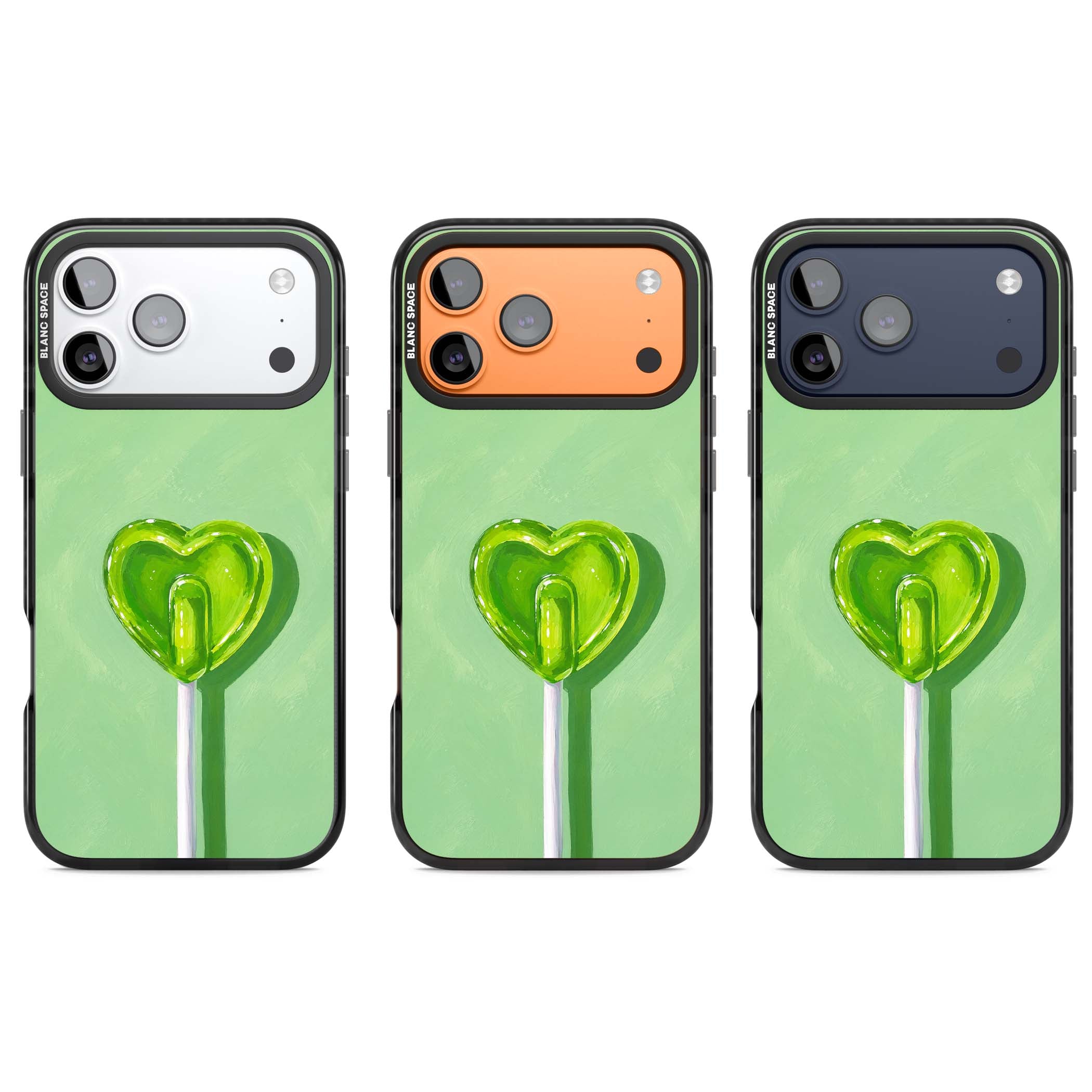 Green Lollipop candy art iPhone case featuring a glossy green heart-shaped lollipop on a painted pastel green background | Black Impact Magsafe case for iPhone 17 Pro, iPhone 17 Pro Max