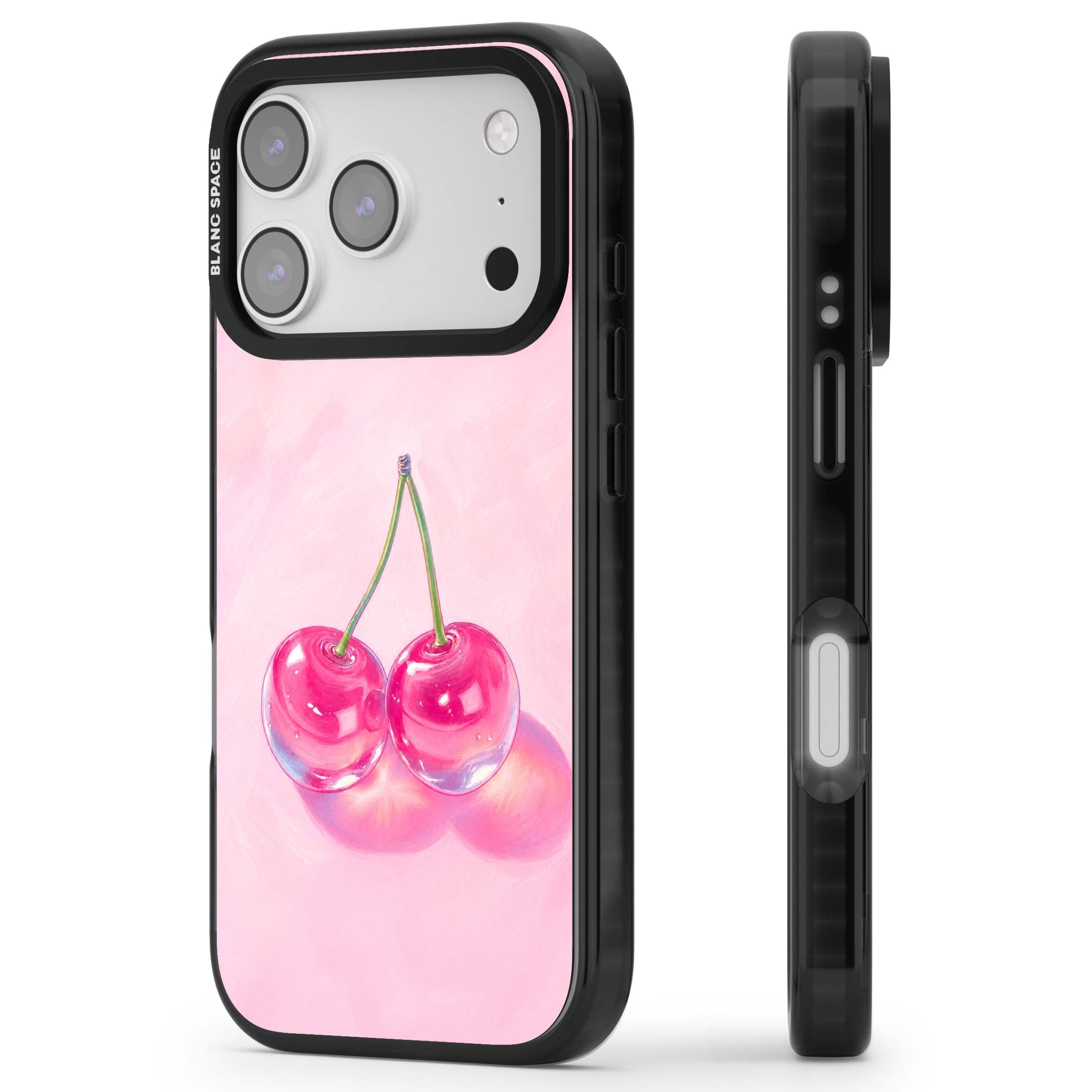 Pink Glass Cherry coquette iPhone case featuring two glossy painted cherries on a soft pink background | Black Impact Magsafe case for iPhone 17 Pro, iPhone 17 Pro Max