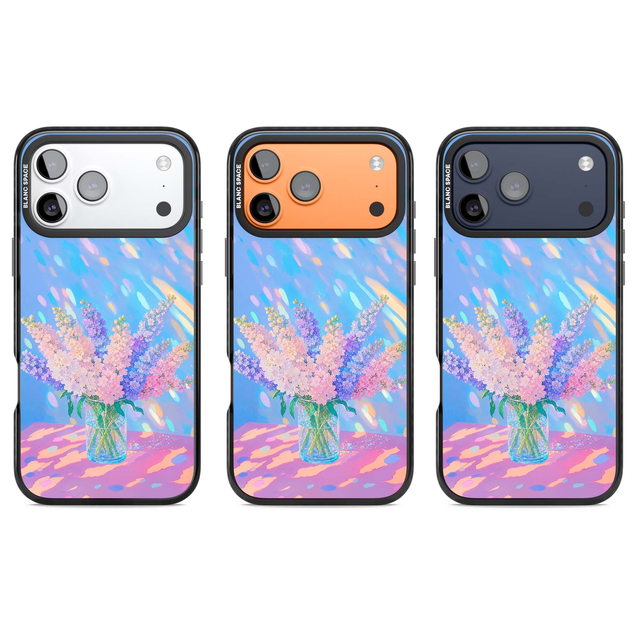 Bubblegum Flowers floral iPhone case featuring pastel lilac and pink bouquet in a glass vase with iridescent light | Black Impact Magsafe case for iPhone 17 Pro, iPhone 17 Pro Max