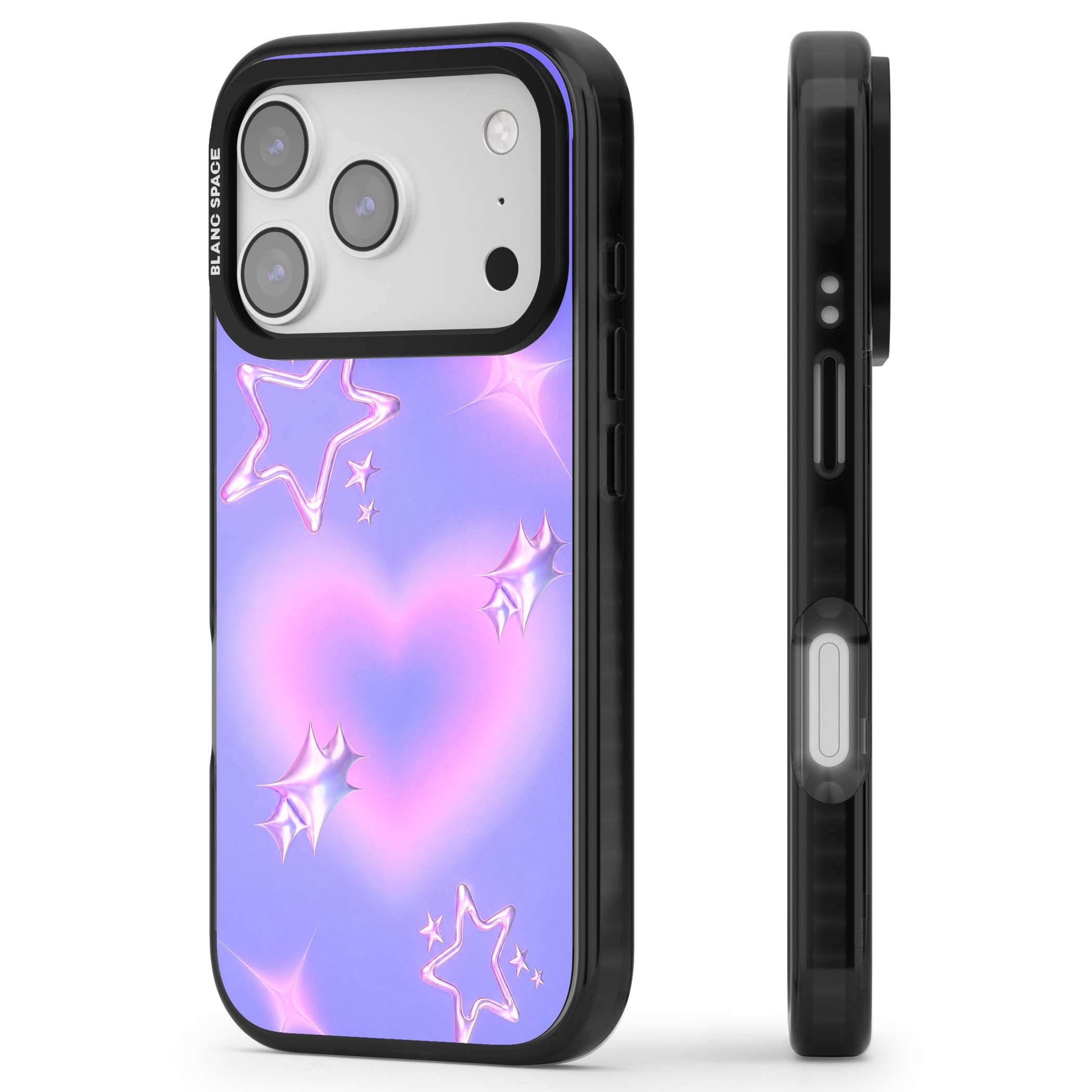 Soft Sugar Y2K iPhone case featuring iridescent chrome hearts, metallic pink stars and a lavender gradient sky | Black Impact Magsafe case for iPhone 17 Pro, iPhone 17 Pro Max