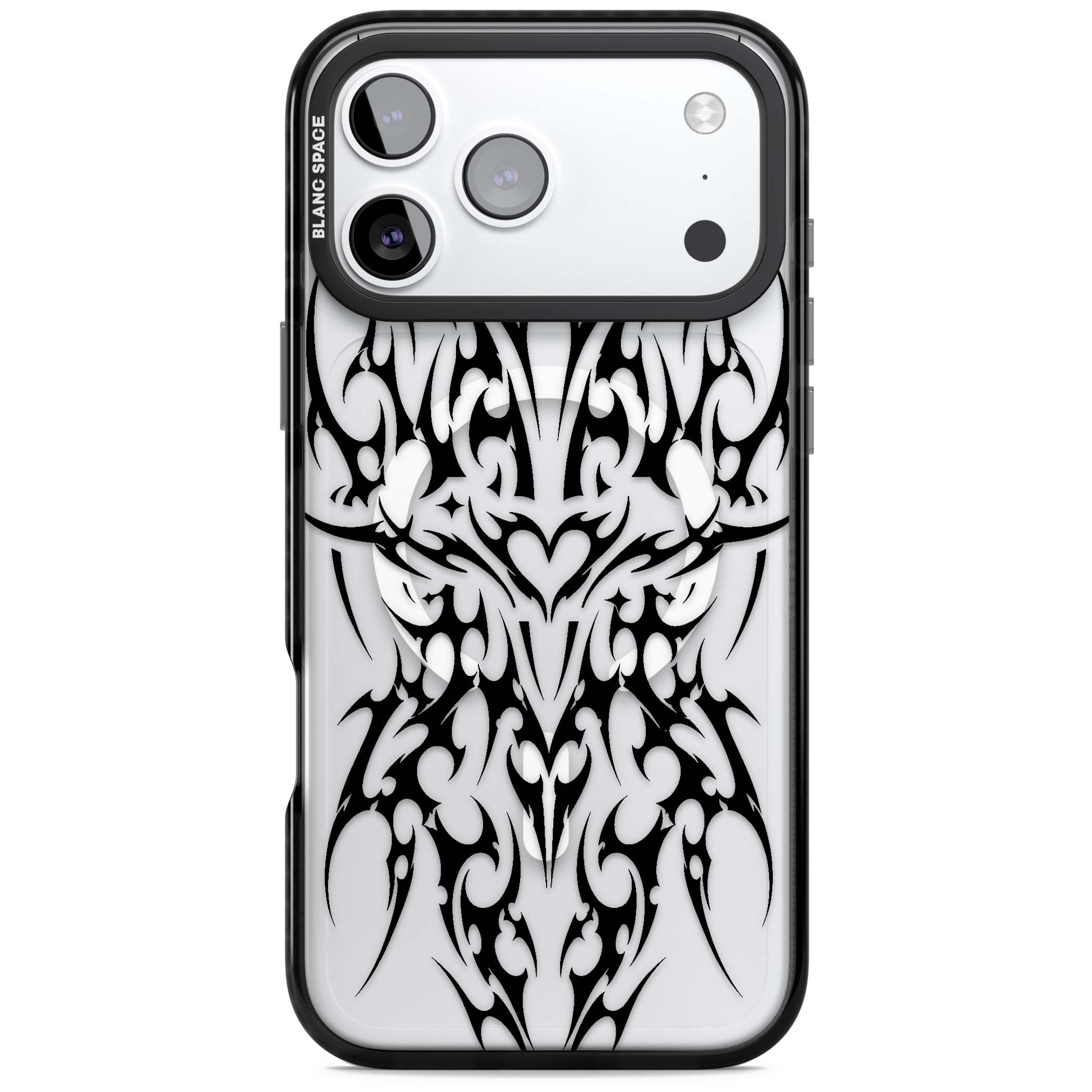 Neo Tribal Heart gothic iPhone case featuring symmetrical black tribal tattoo art with sharp thorn-like linework | Black Impact Magsafe case for iPhone 17 Pro, iPhone 17 Pro Max