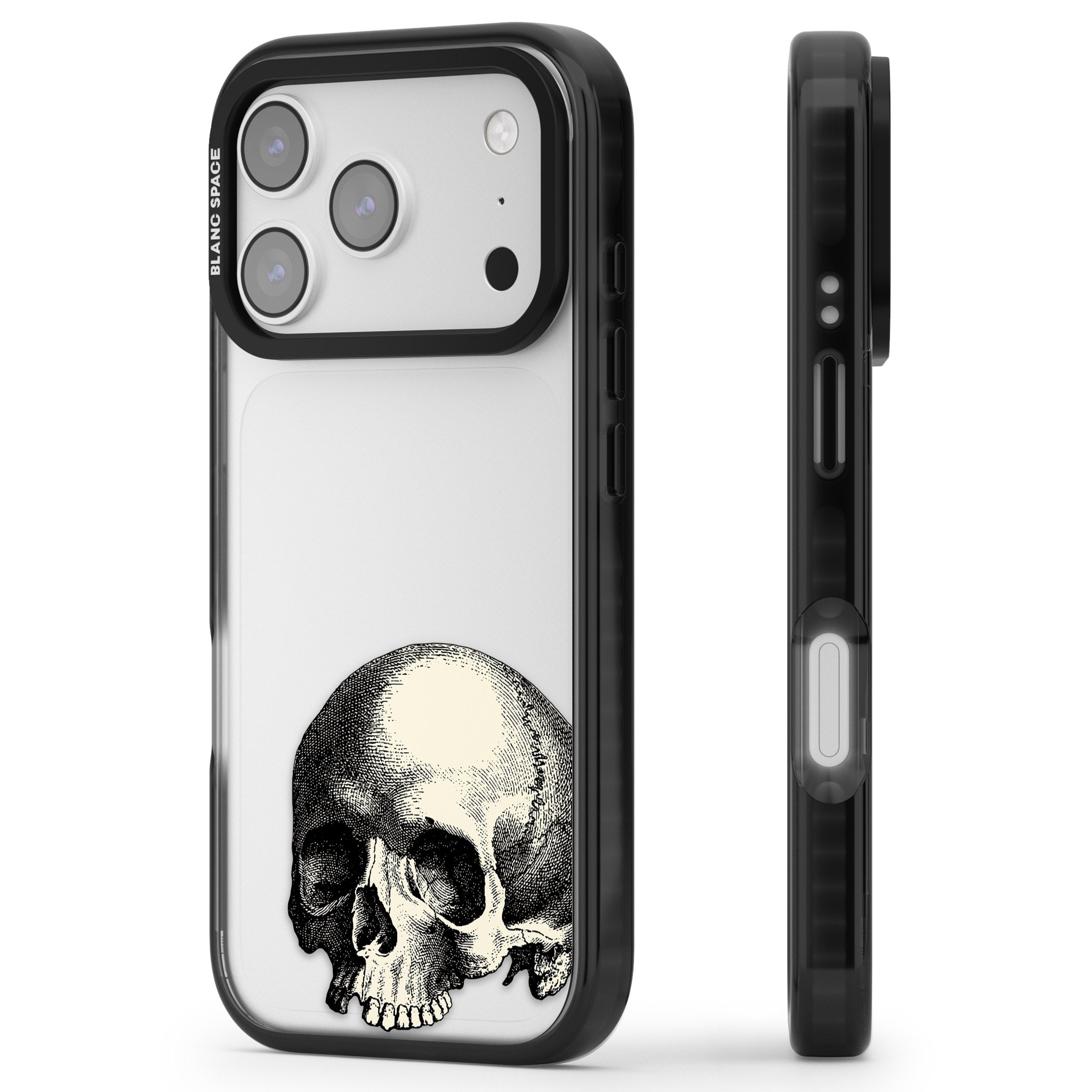 Minimal Vintage Skull iPhone 17 Pro Impact Black Phone Case Side Profile