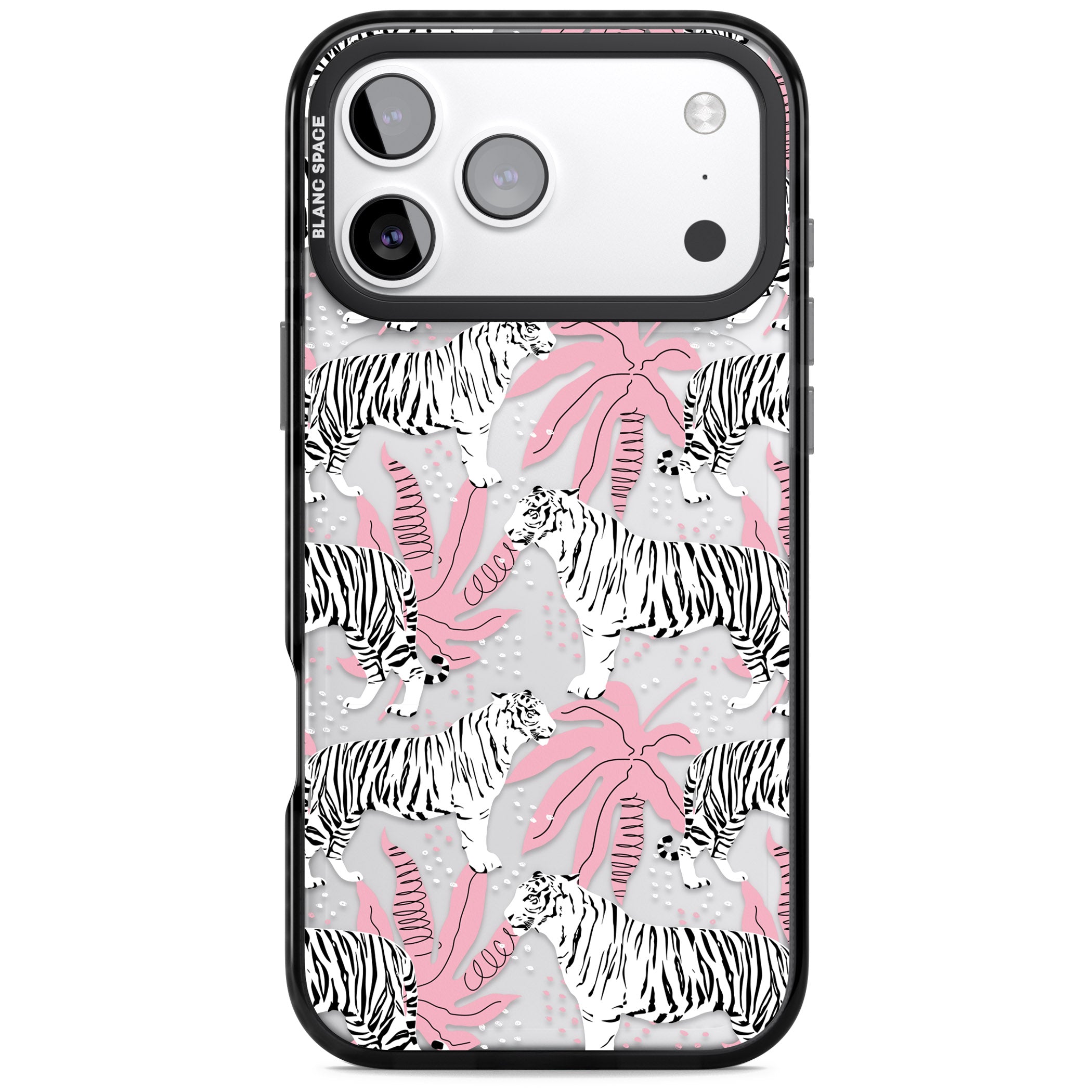 Pink & White Tropical Tigers iPhone 17 Pro Impact Black Phone Case