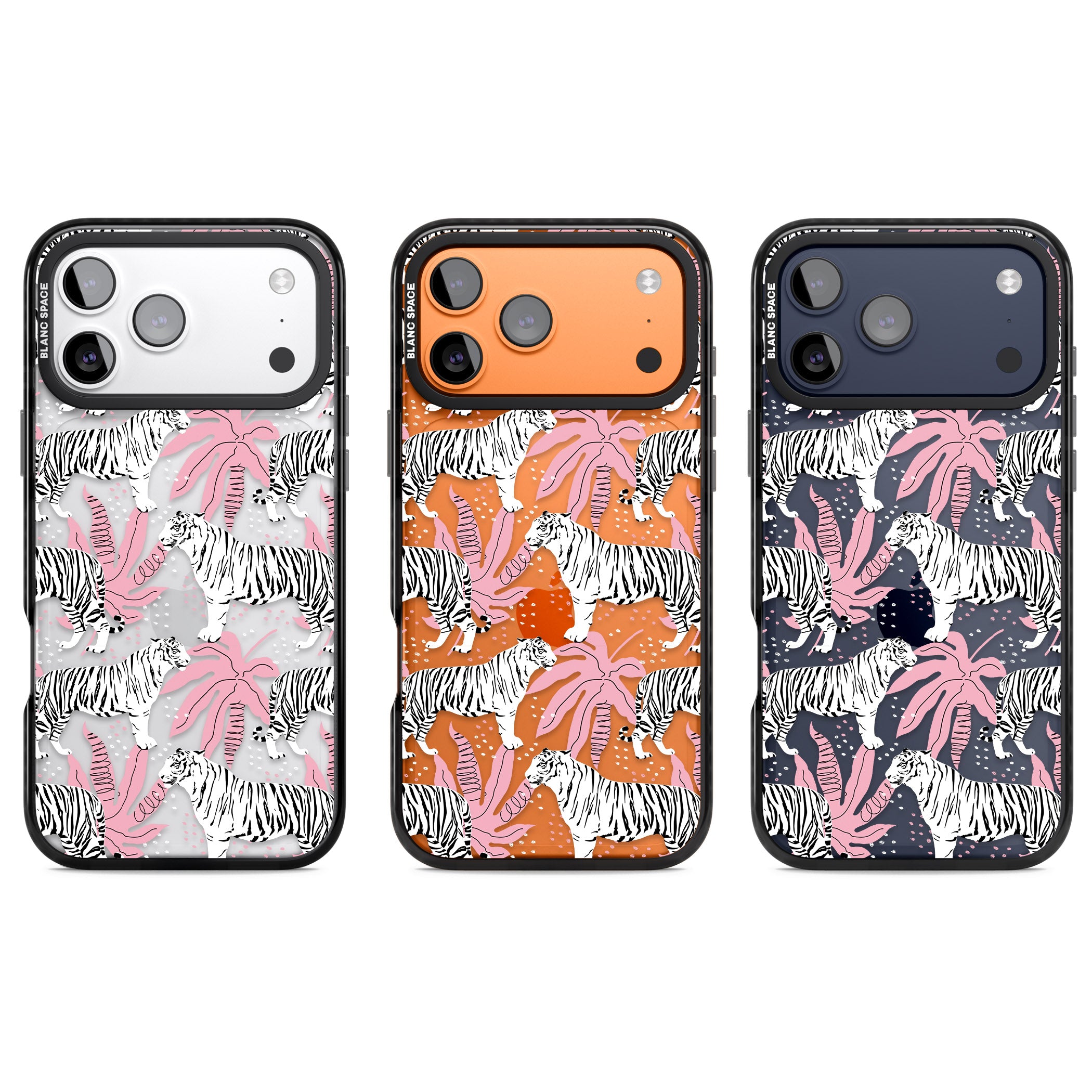 Pink & White Tropical Tigers iPhone 17 Pro Impact Black Phone Case APT Impact Protection