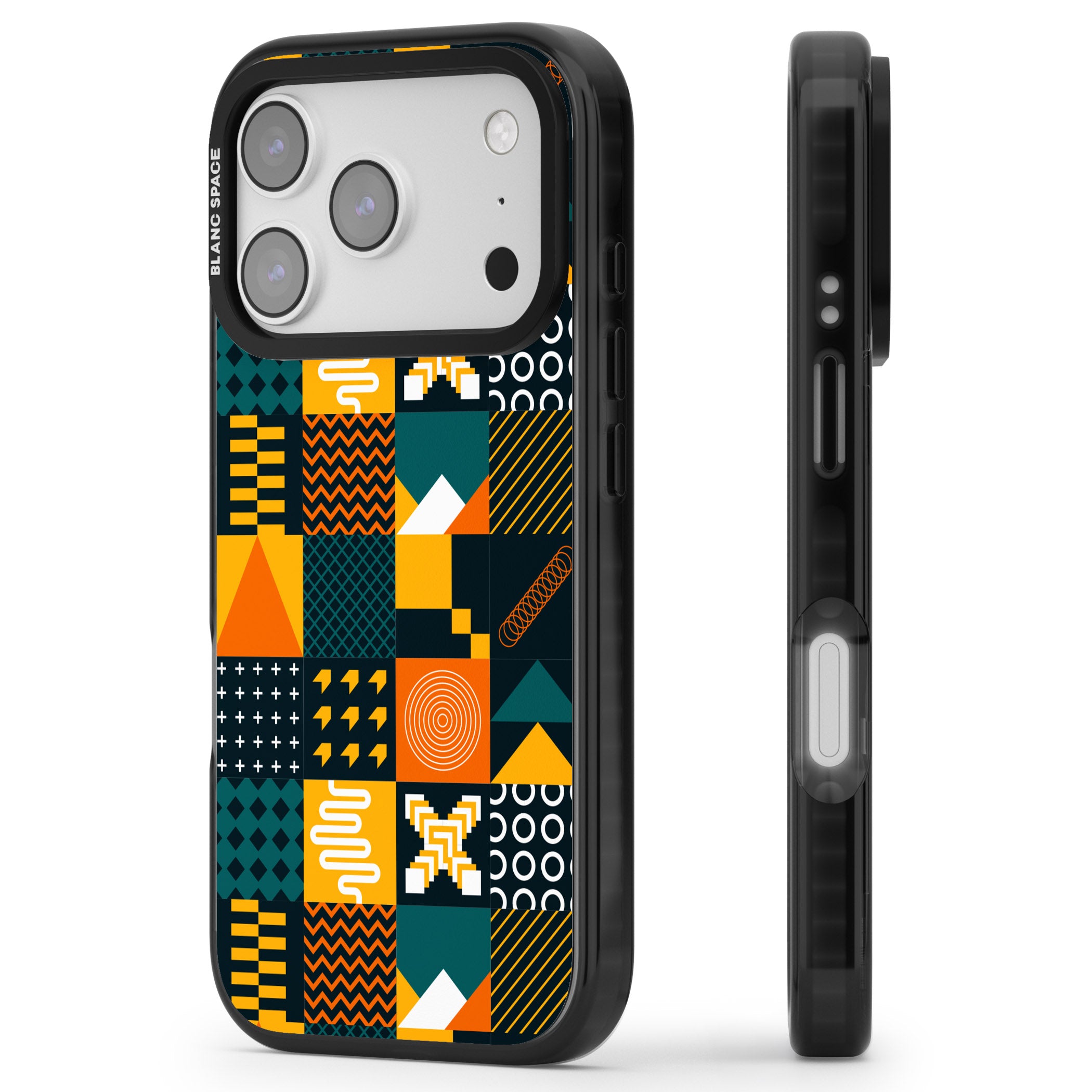 Funky Geometric Patterns: Orange & Dark Green iPhone 17 Pro Impact Black Phone Case Side Profile