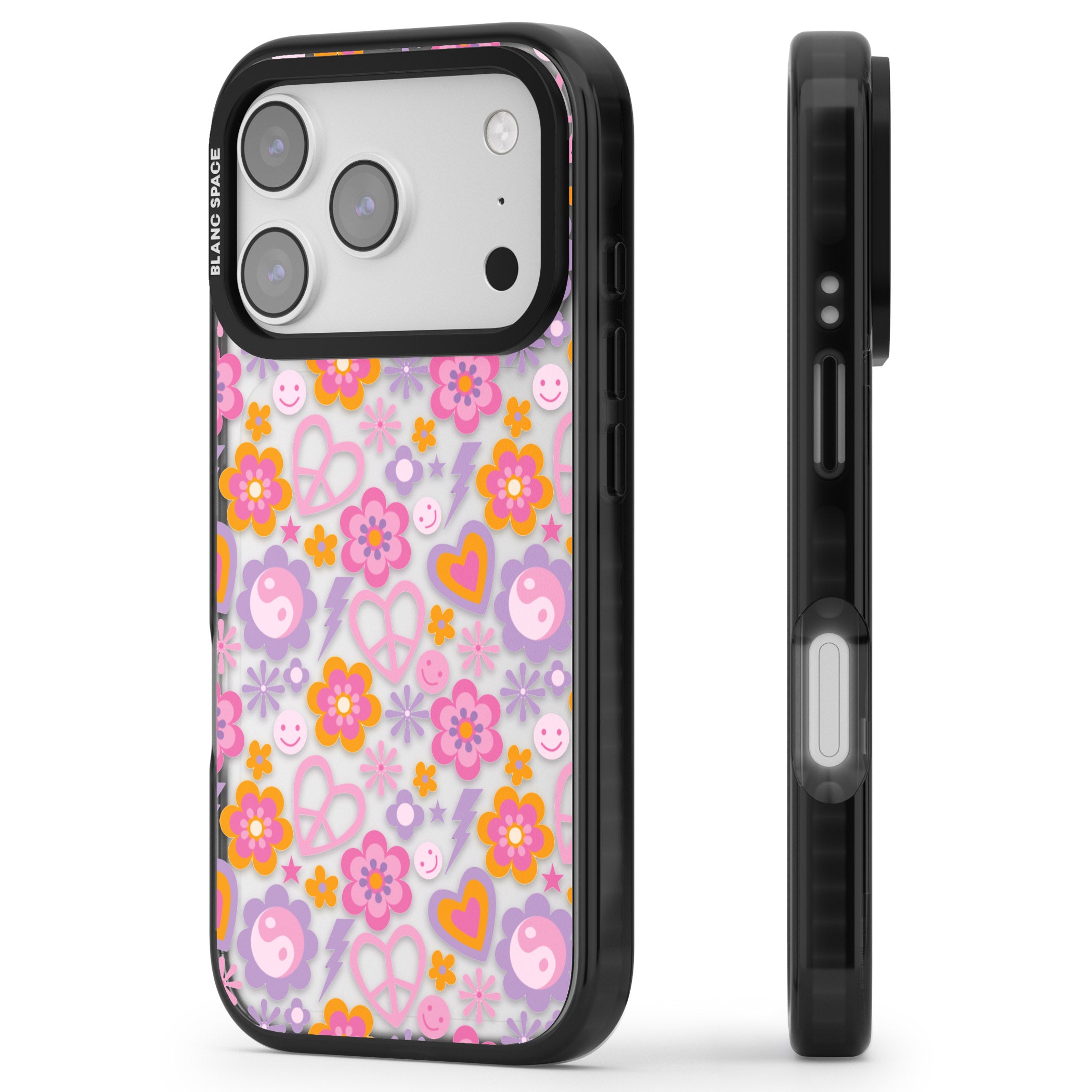 Peace, Love And Flowers Pattern iPhone 17 Pro Impact Black Phone Case Side Profile
