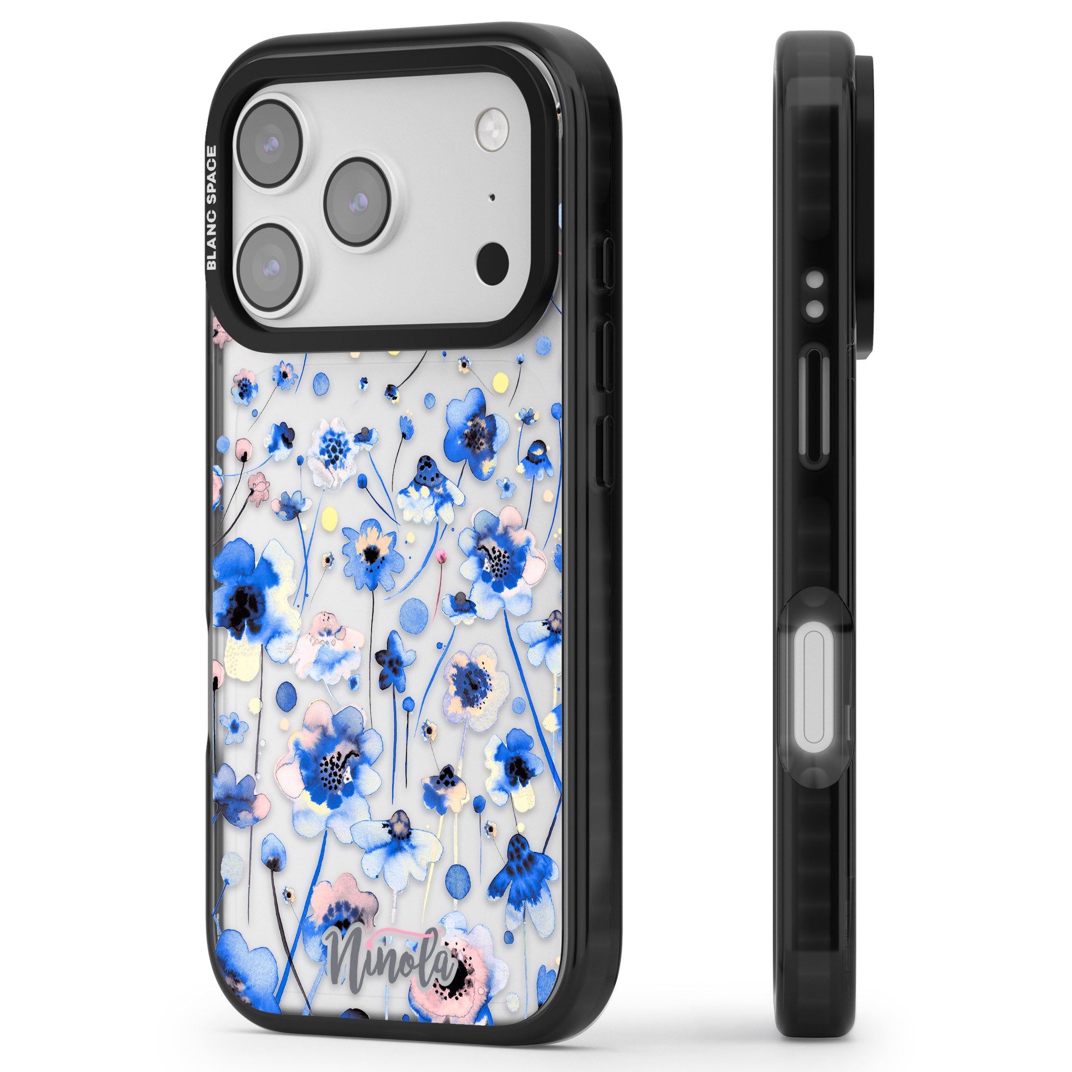 Ink Flowers Blue iPhone 17 Pro Impact Black Phone Case Side Profile
