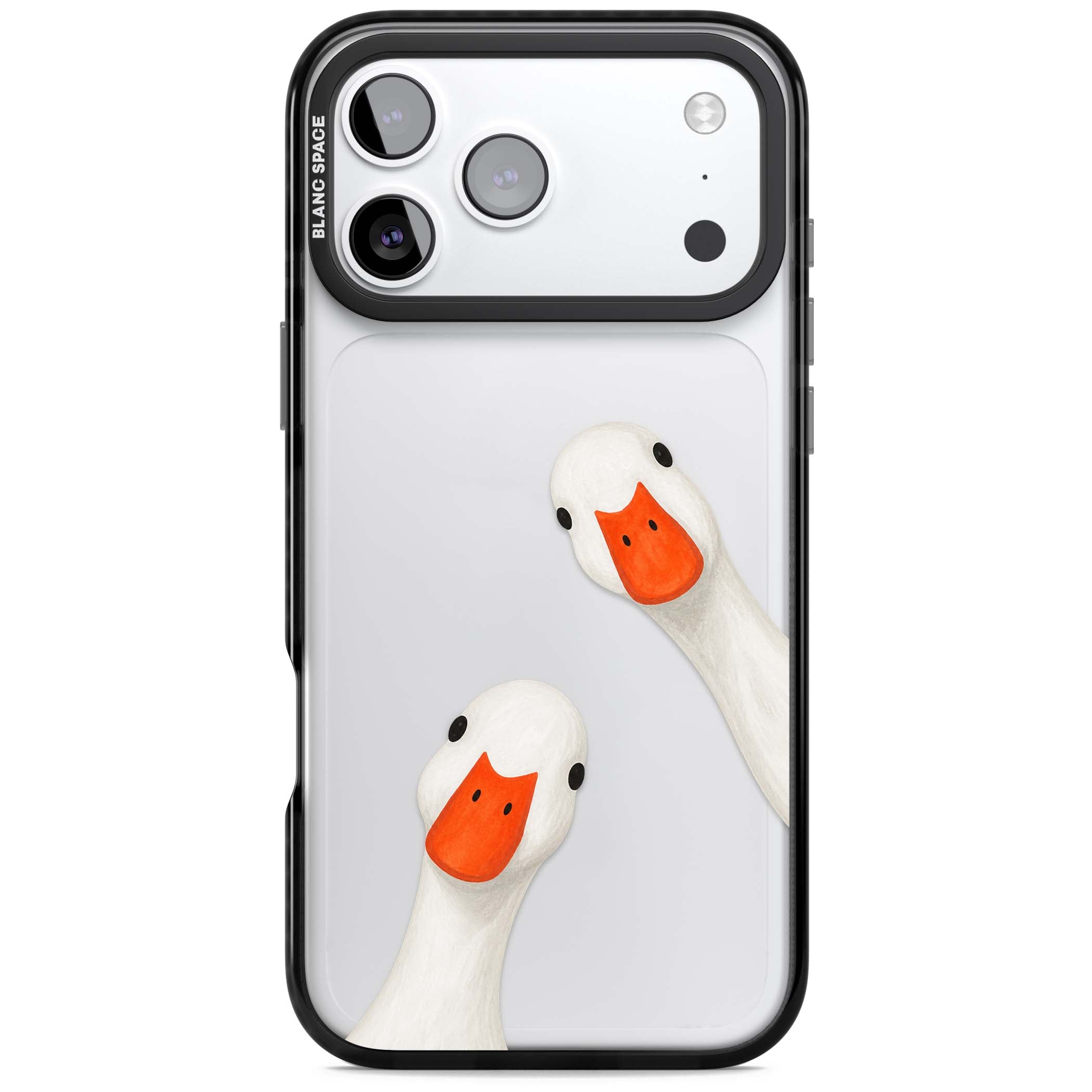Nosy Ducks cottagecore iPhone case featuring two peeking white ducks with orange beaks on a clear background | Clear Impact case for iPhone 17 Pro, iPhone 17 Pro Max
