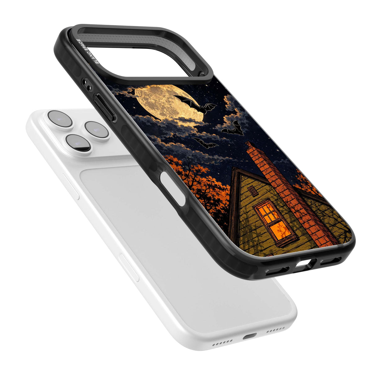 Hollows Eve Halloween iPhone case featuring a haunted house, full moon and flying bats against a starry autumn sky | Clear Impact case for iPhone 17 Pro, iPhone 17 Pro Max