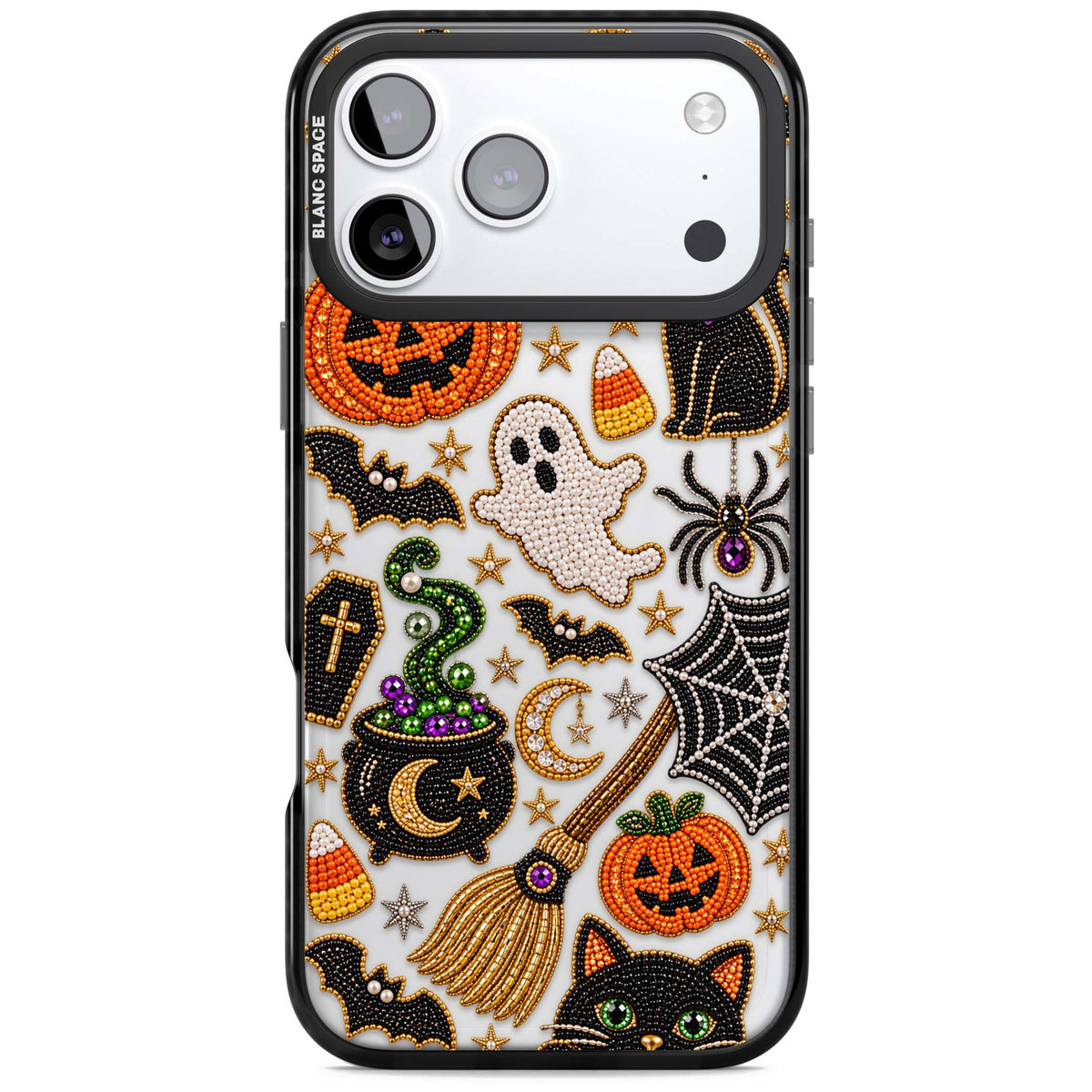 Beaded Halloween Halloween iPhone case featuring beaded pumpkins, ghosts, black cats and bats | Clear Impact case for iPhone 17 Pro, iPhone 17 Pro Max