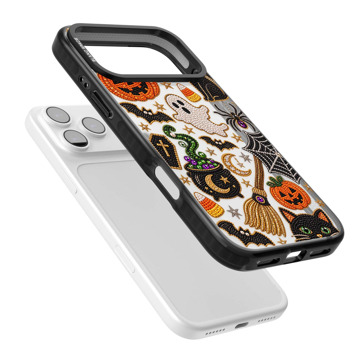 Beaded Halloween Halloween iPhone case featuring beaded pumpkins, ghosts, black cats and bats | Clear Impact case for iPhone 17 Pro, iPhone 17 Pro Max