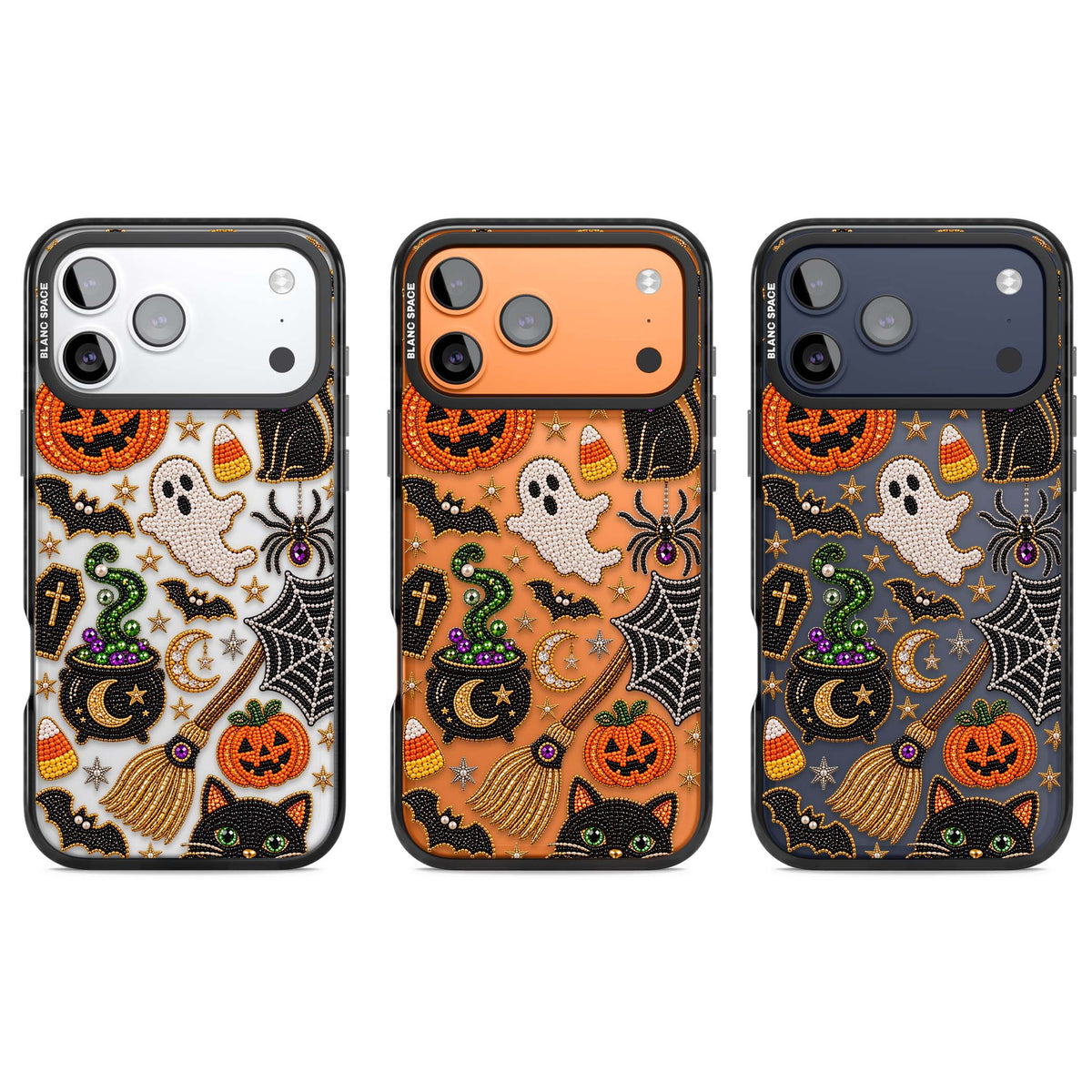 Beaded Halloween Halloween iPhone case featuring beaded pumpkins, ghosts, black cats and bats | Clear Impact case for iPhone 17 Pro, iPhone 17 Pro Max