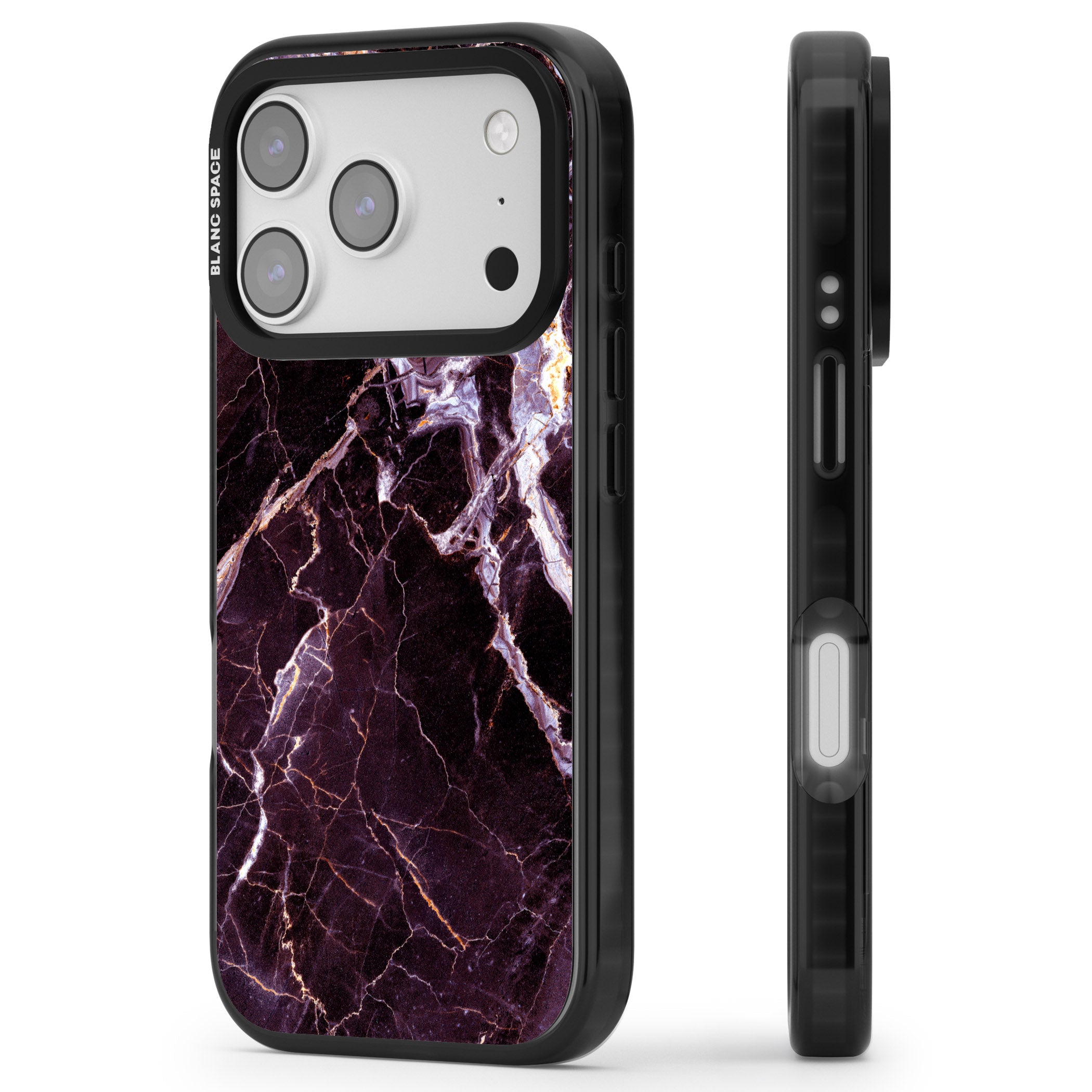 Violet Shatter Marble iPhone 17 Pro Impact Black Phone Case Side Profile
