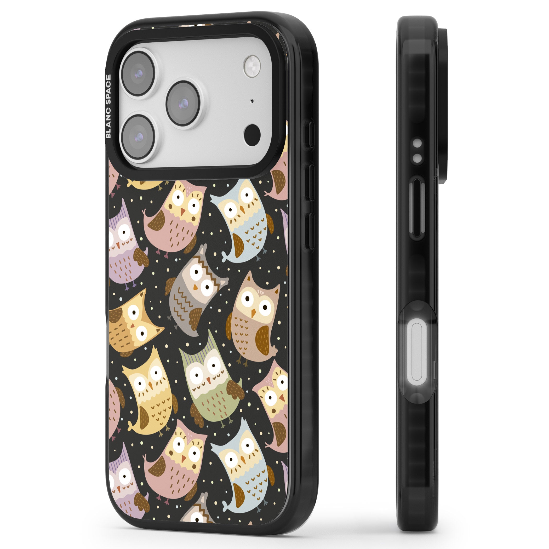 Cute Owl Pattern iPhone 17 Pro Impact Black Phone Case Side Profile