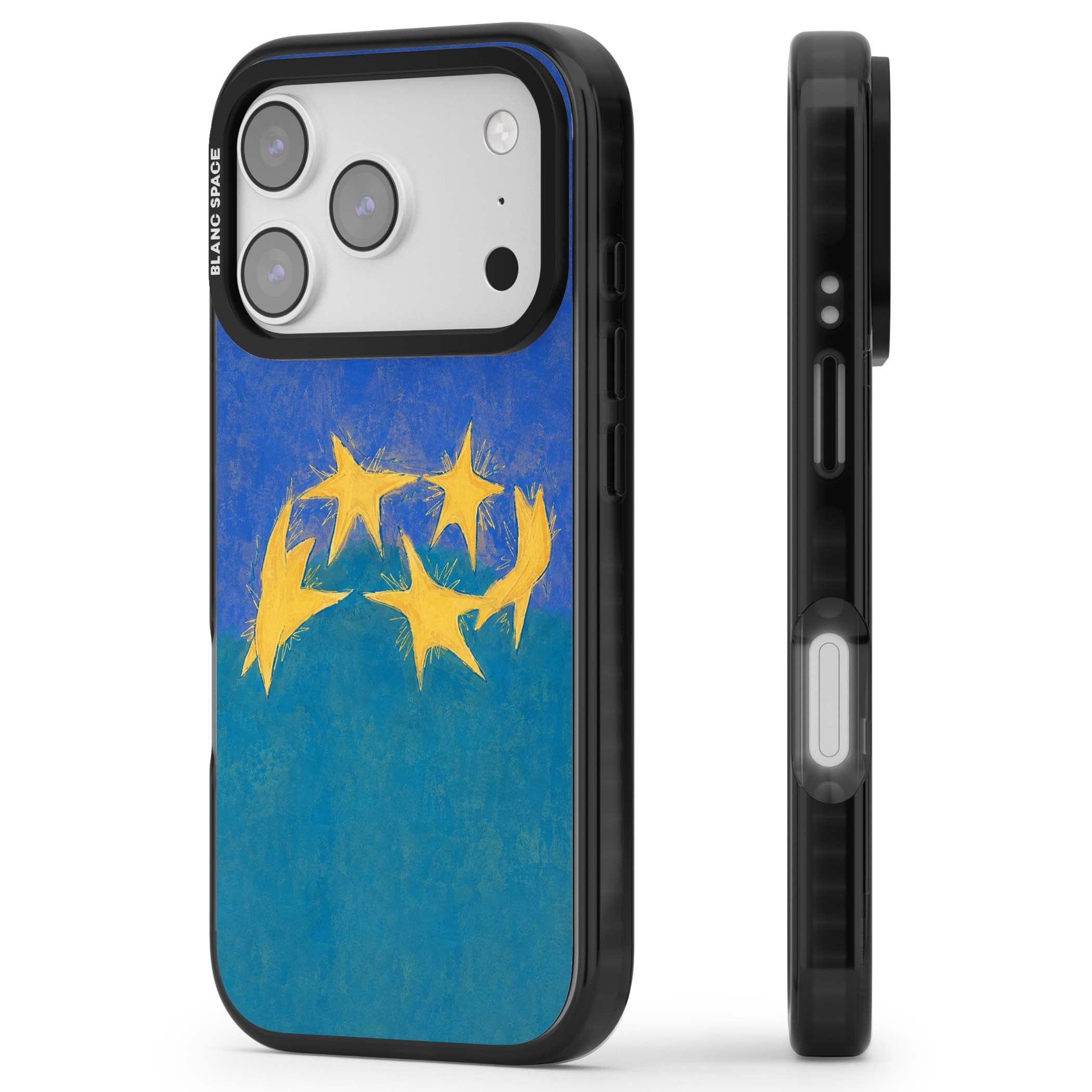 Star Boogie stars aesthetic iPhone case featuring five yellow hand-painted stars on cobalt blue and teal | Clear Impact case for iPhone 17 Pro, iPhone 17 Pro Max