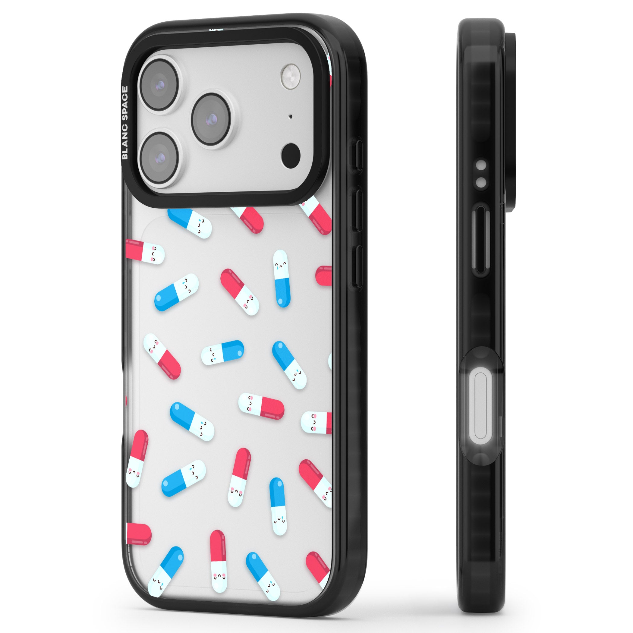 Kawaii Pill Pattern iPhone 17 Pro Impact Black Phone Case Side Profile