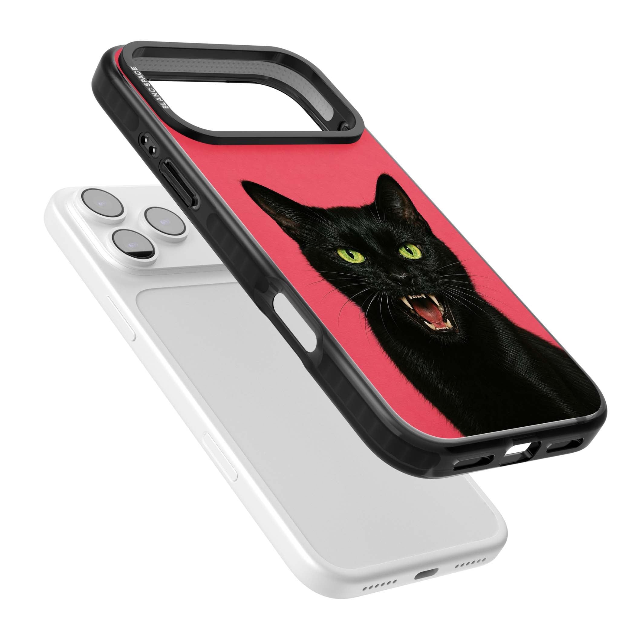 Hissin' Baddie black cat iPhone case featuring a hissing feline with green eyes on a hot pink background | Clear Impact case for iPhone 17 Pro, iPhone 17 Pro Max