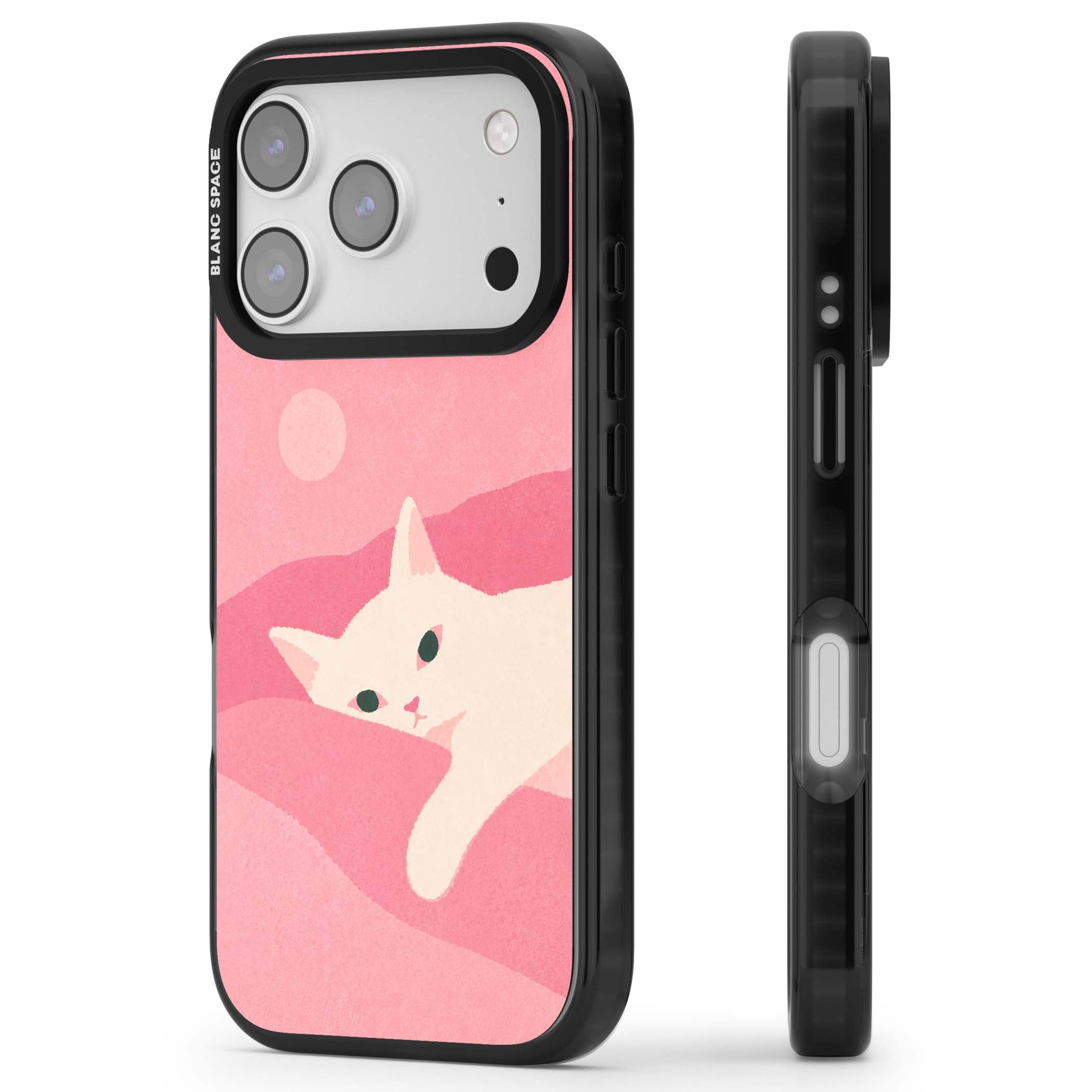Pink Dreams cute cat iPhone case featuring a white kitten, soft pink hills and a pale pastel sun | Clear Impact case for iPhone 17 Pro, iPhone 17 Pro Max
