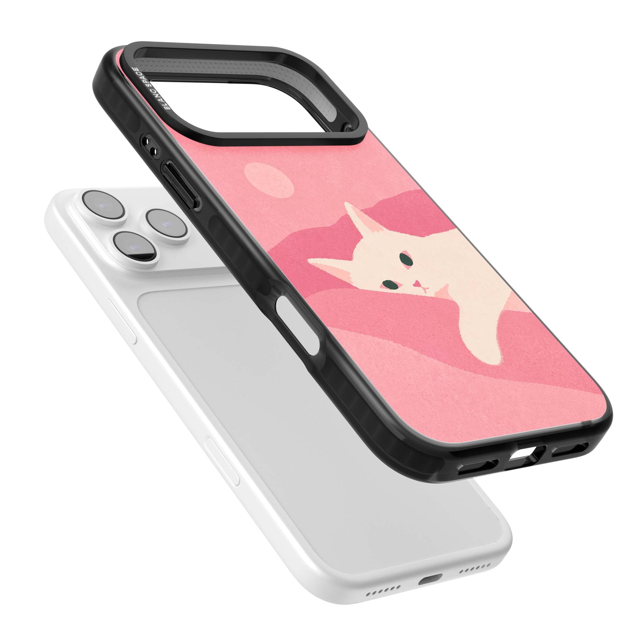 Pink Dreams cute cat iPhone case featuring a white kitten, soft pink hills and a pale pastel sun | Clear Impact case for iPhone 17 Pro, iPhone 17 Pro Max