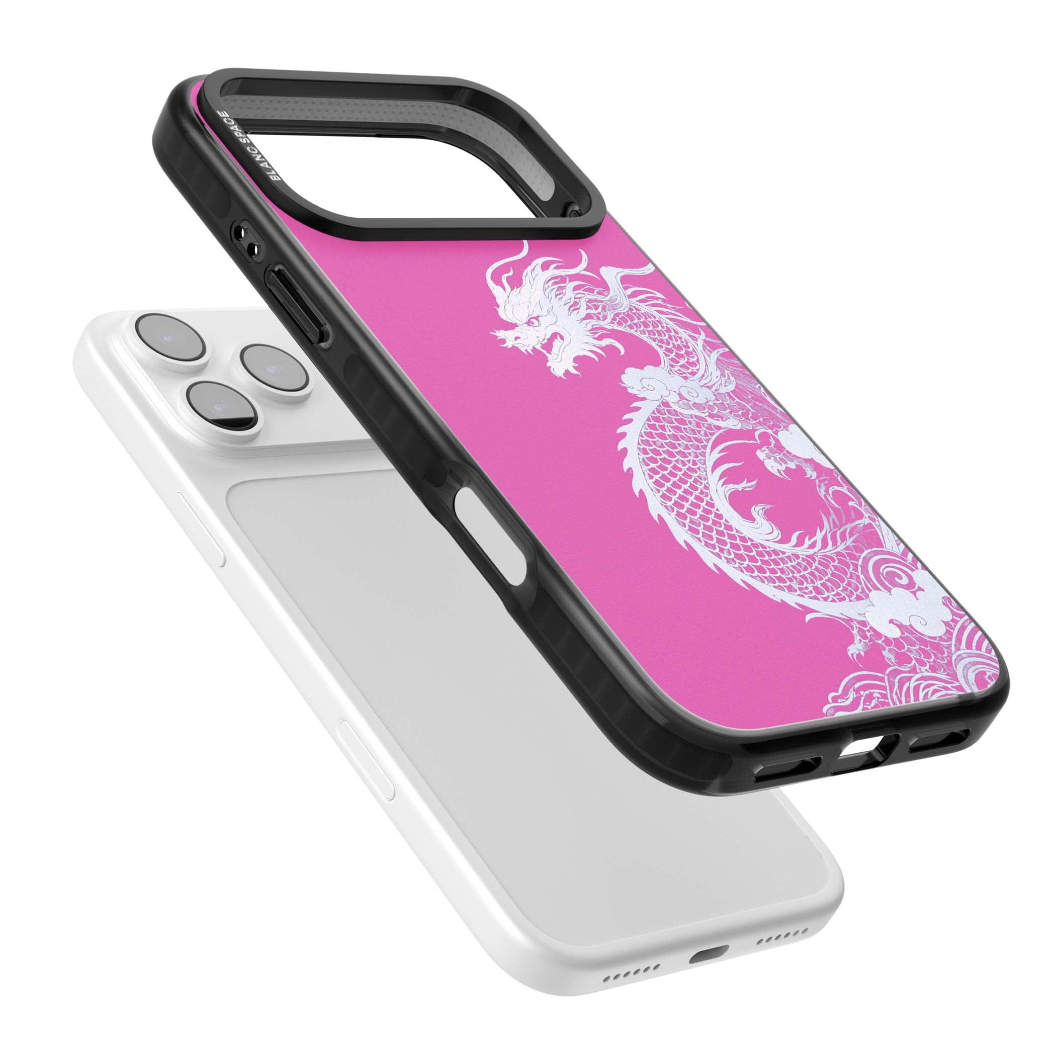 Pink Empress chinese dragon iPhone case featuring a white dragon, swirling clouds and pink dragon wallpaper backdrop | Clear Impact case for iPhone 17 Pro, iPhone 17 Pro Max