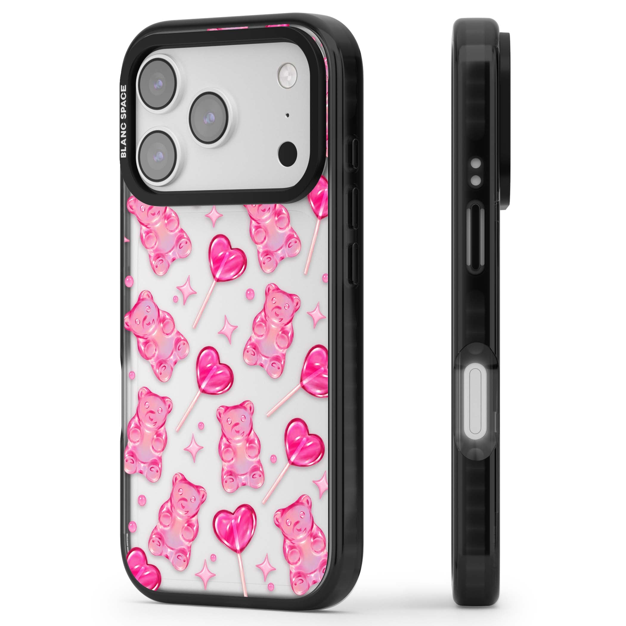 Pink Sugar pinkcore iPhone case featuring pink gummy bears, heart-shaped lollipops and sparkle stars | Clear Impact case for iPhone 17 Pro, iPhone 17 Pro Max