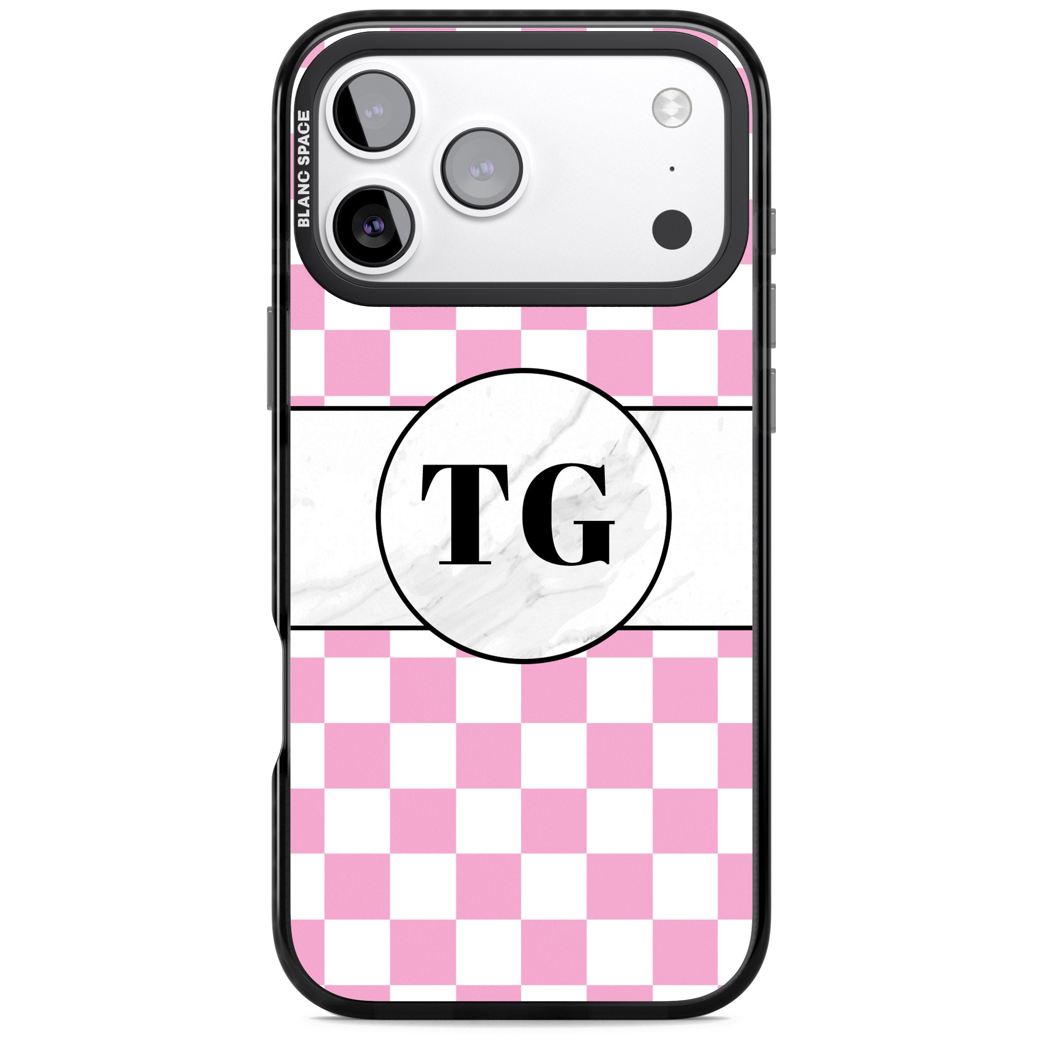 Personalised Monogrammed Pink Check iPhone 17 Pro Impact Black Phone Case
